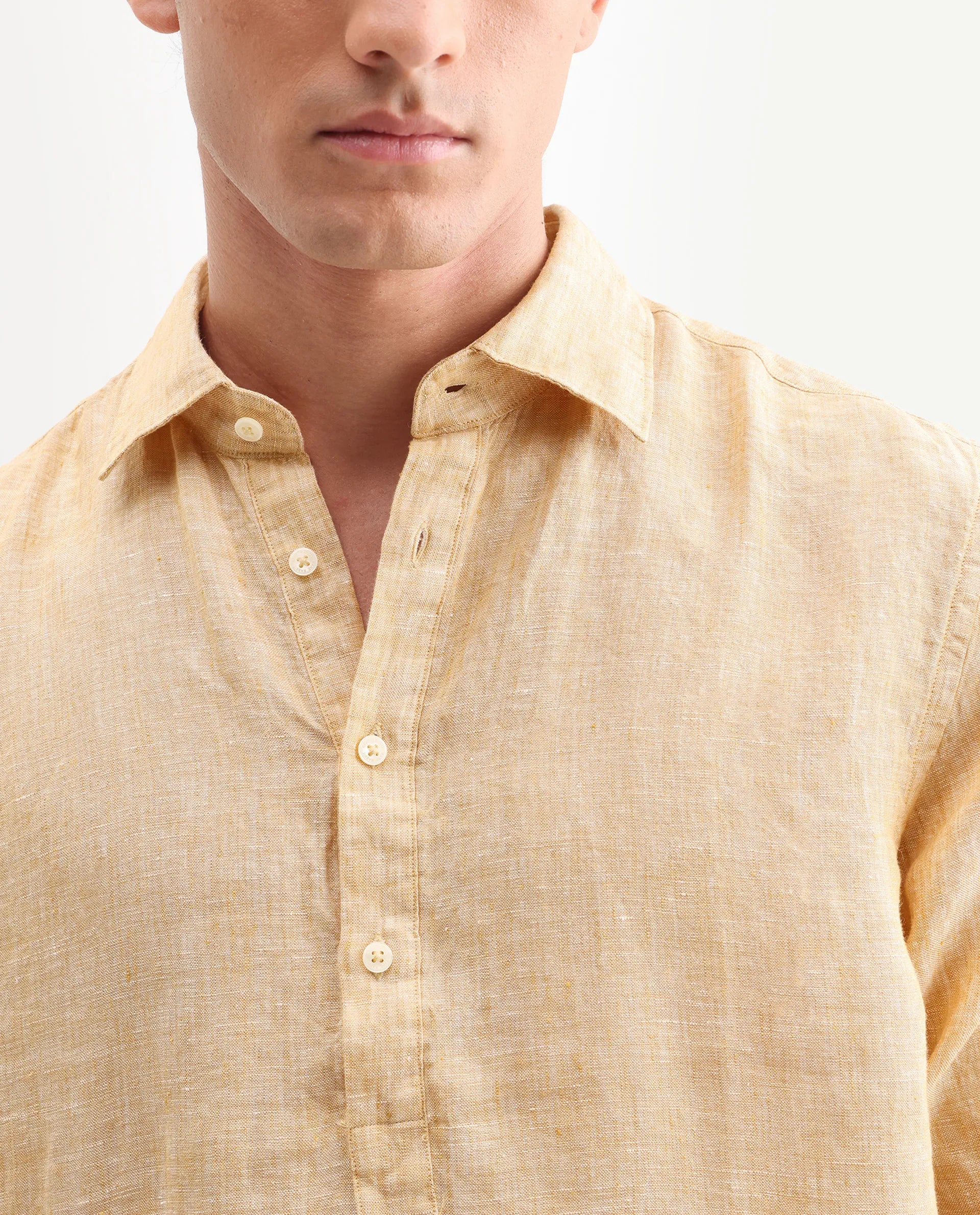 Rare Rabbit Men's Kurts Dusky Yellow 100% Linen Plain Regular Fit Full Sleeve Collared Shirt - Image 3