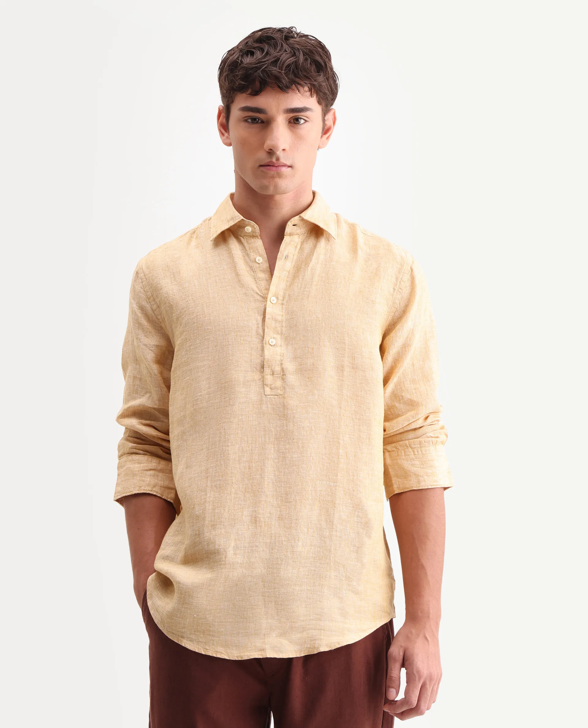Rare Rabbit Men's Kurts Dusky Yellow 100% Linen Plain Regular Fit Full Sleeve Collared Shirt - Image 4