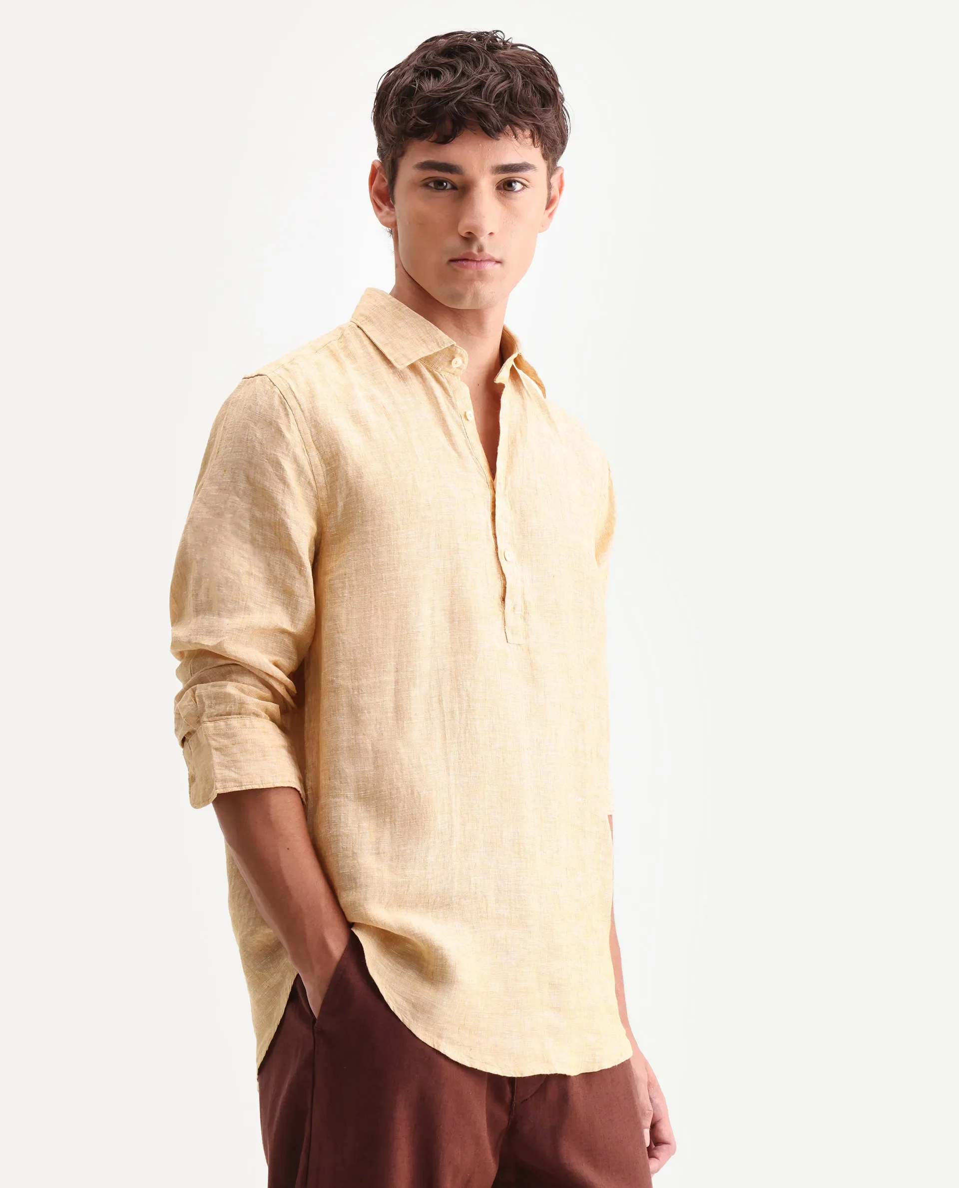 Rare Rabbit Men's Kurts Dusky Yellow 100% Linen Plain Regular Fit Full Sleeve Collared Shirt - Image 5