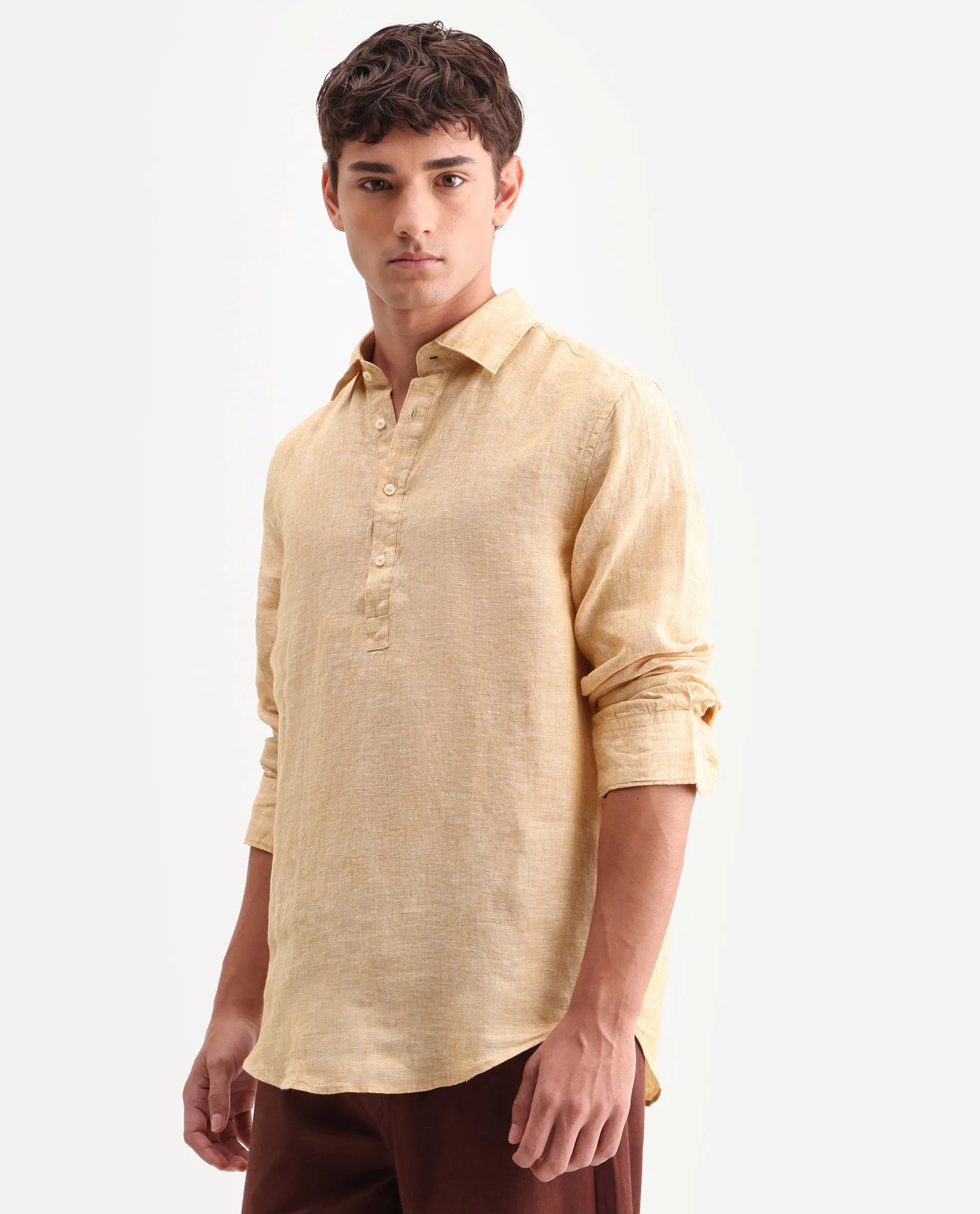 Rare Rabbit Men's Kurts Dusky Yellow 100% Linen Plain Regular Fit Full Sleeve Collared Shirt - Image 6