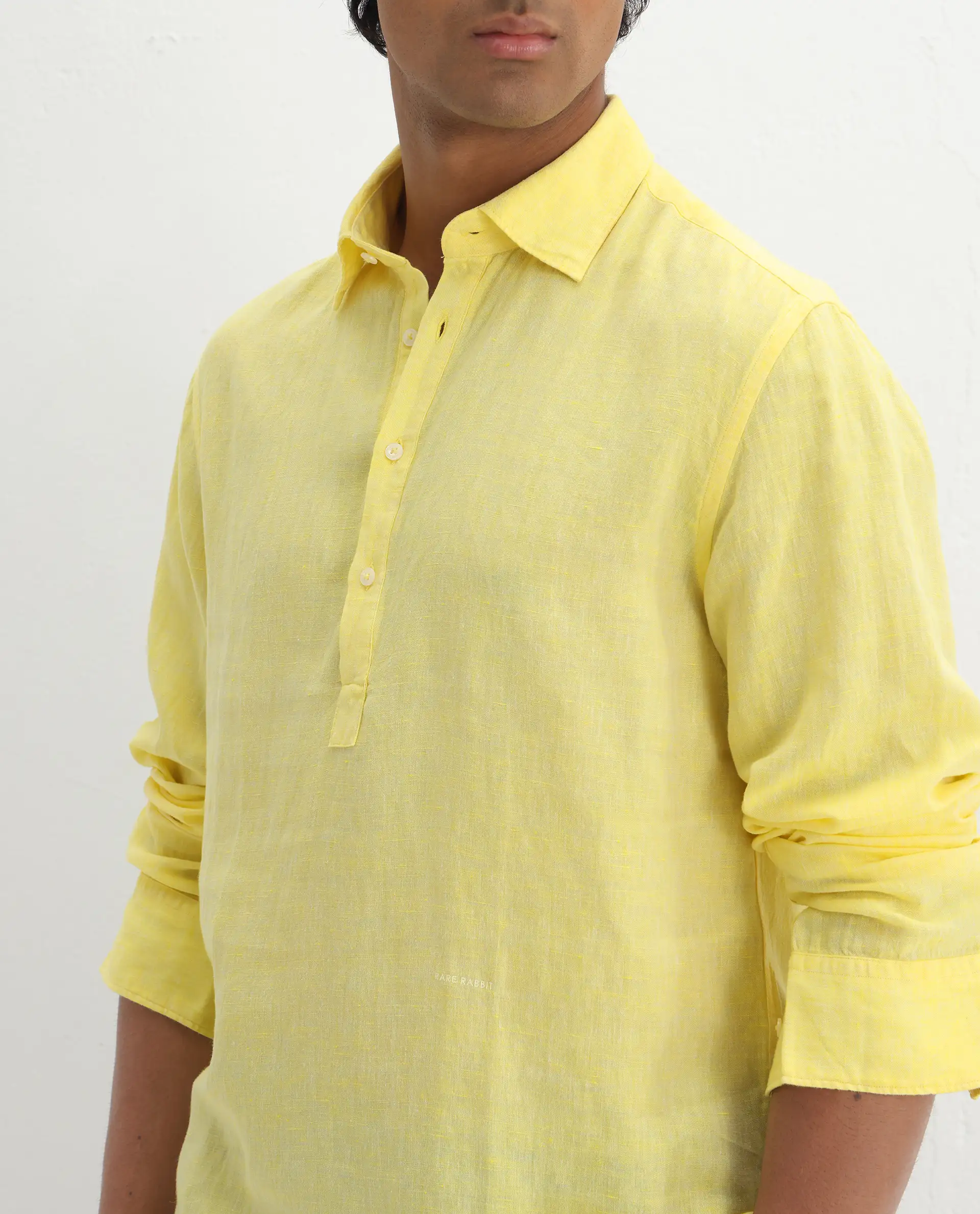 Rare Rabbit Men's Kurl Light Yellow 100% Linen Fabric Full Sleeves Collared Neck Button Closure Plain Shirt - Image 3