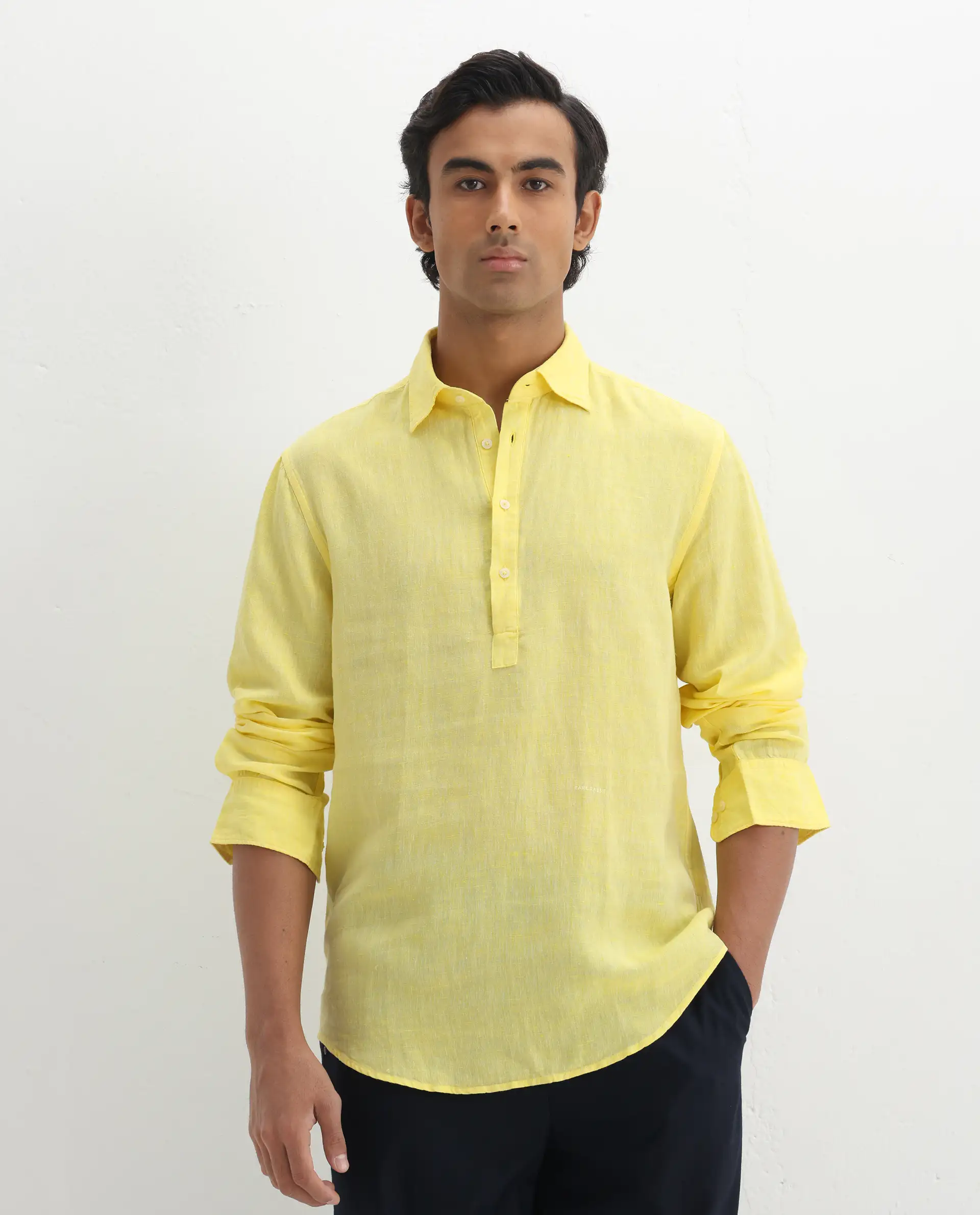 Rare Rabbit Men's Kurl Light Yellow 100% Linen Fabric Full Sleeves Collared Neck Button Closure Plain Shirt - Image 4