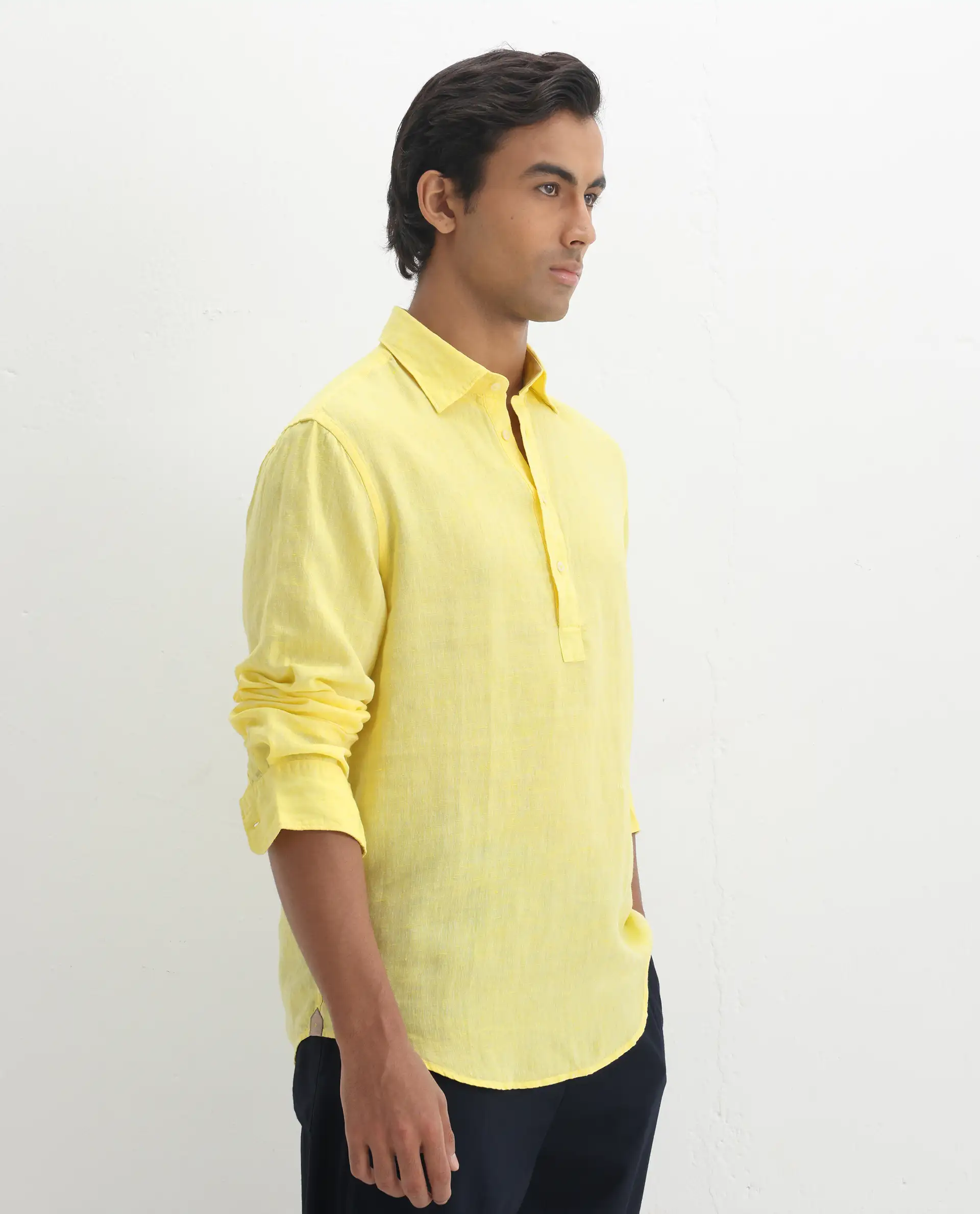 Rare Rabbit Men's Kurl Light Yellow 100% Linen Fabric Full Sleeves Collared Neck Button Closure Plain Shirt - Image 5