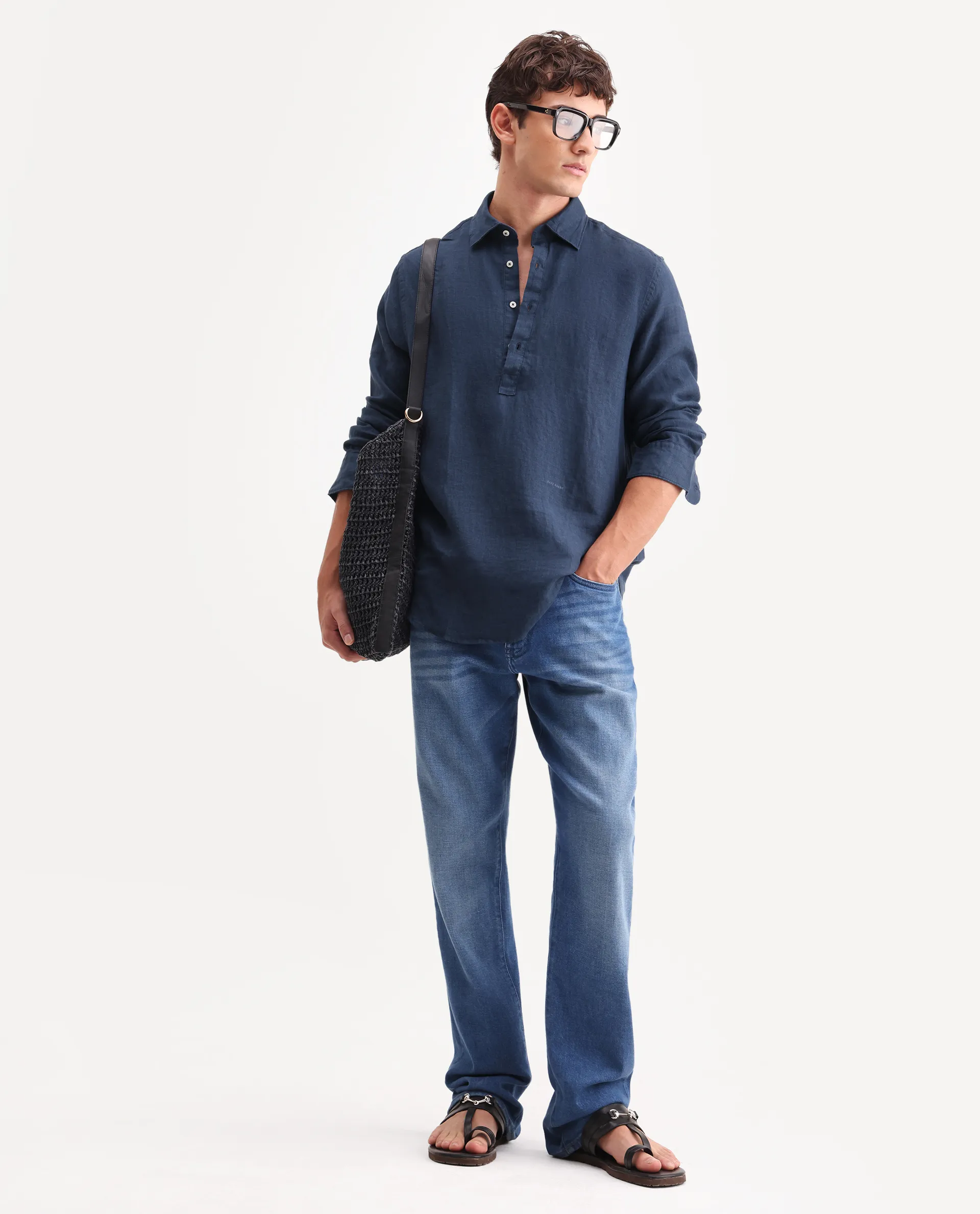 Rare Rabbit Men's Kurts Navy 100% Linen Plain Regular Fit Full Sleeve Collared Shirt - Image 2