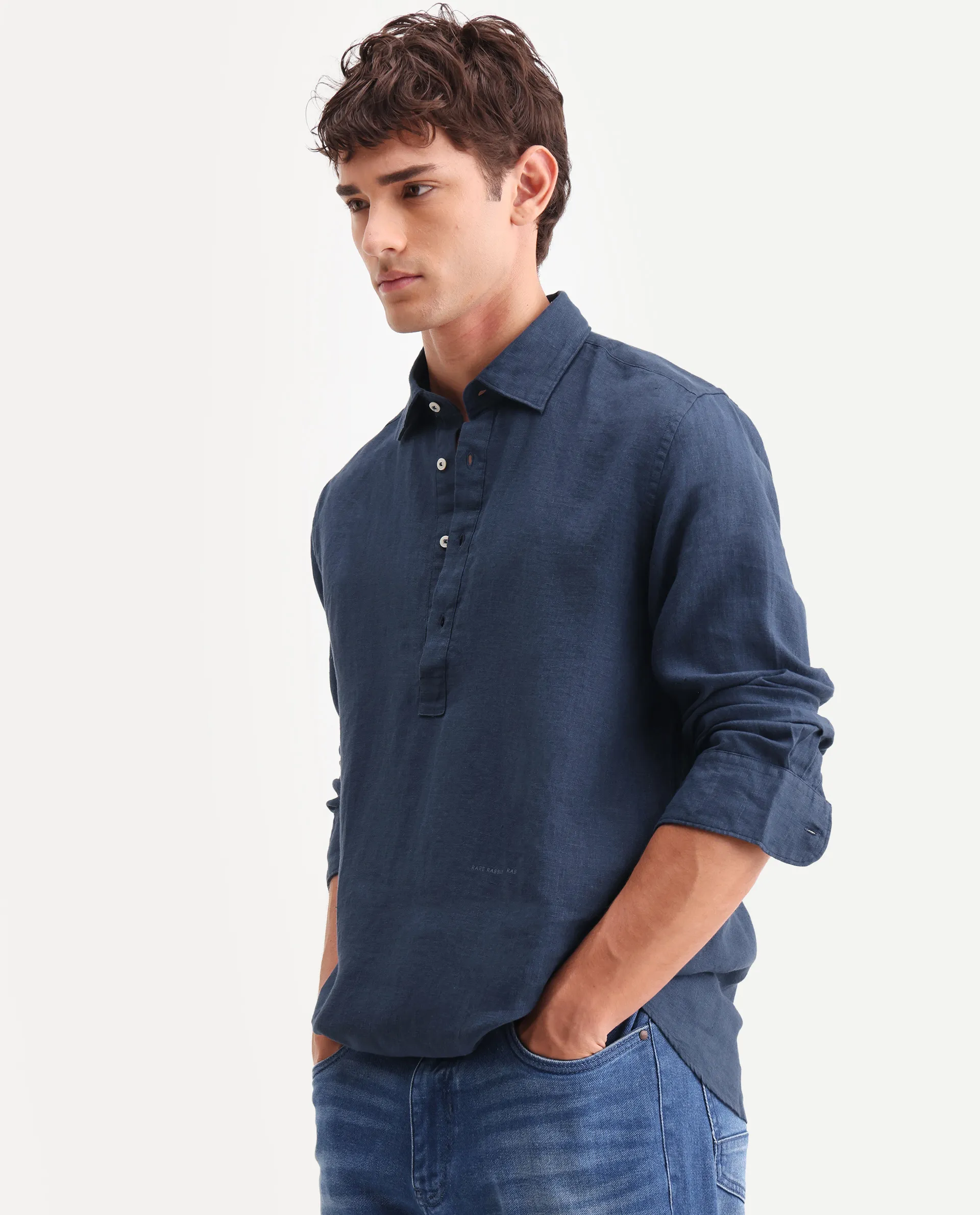 Rare Rabbit Men's Kurts Navy 100% Linen Plain Regular Fit Full Sleeve Collared Shirt - Image 4