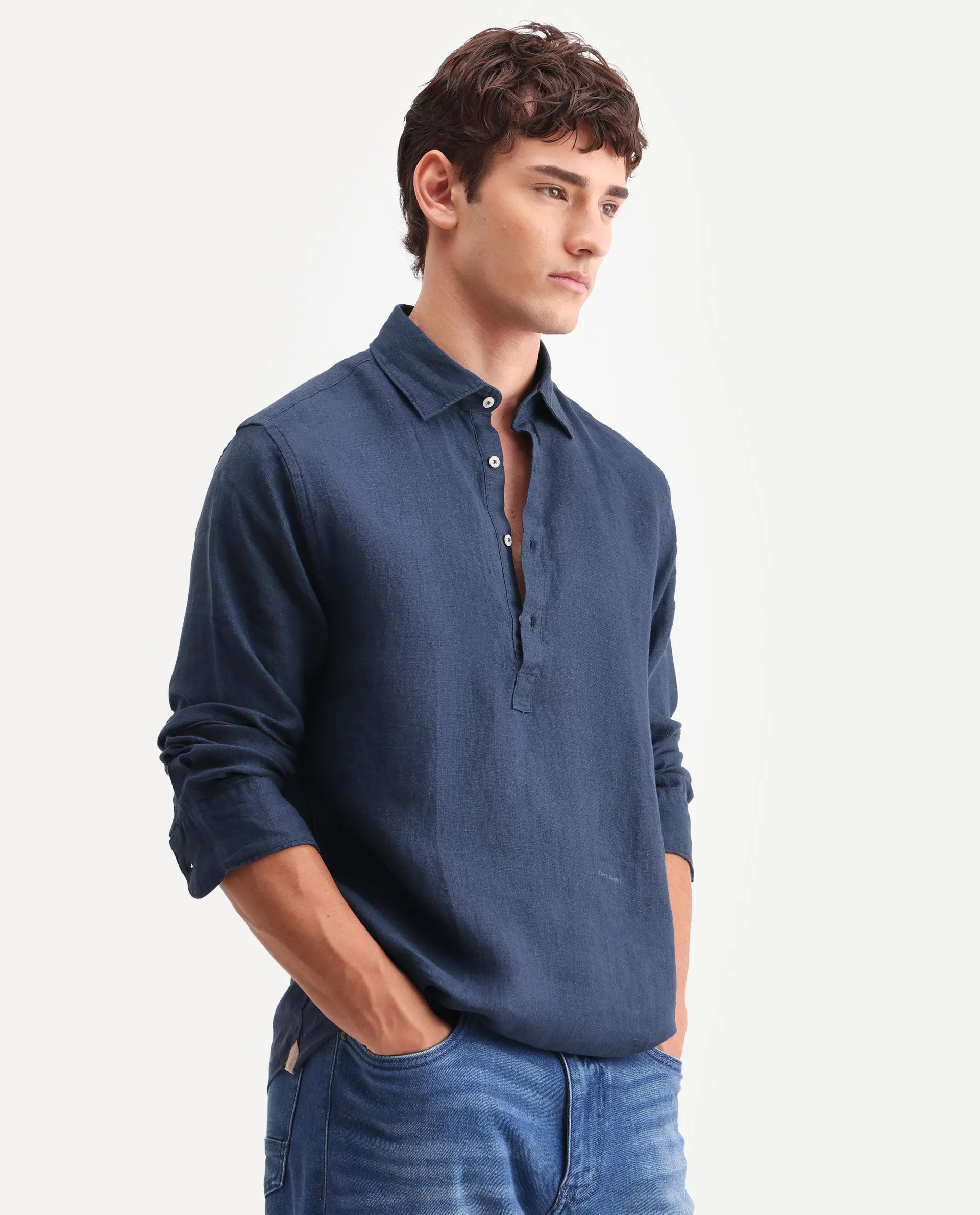 Rare Rabbit Men's Kurts Navy 100% Linen Plain Regular Fit Full Sleeve Collared Shirt - Image 5