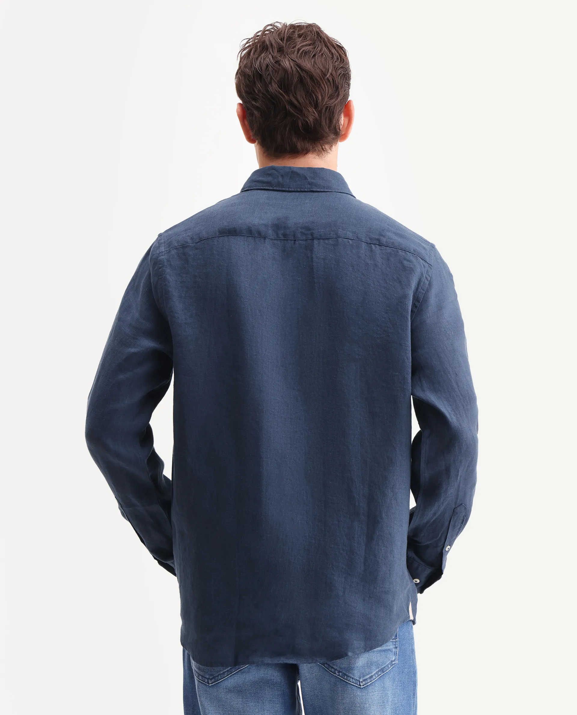 Rare Rabbit Men's Kurts Navy 100% Linen Plain Regular Fit Full Sleeve Collared Shirt - Image 6