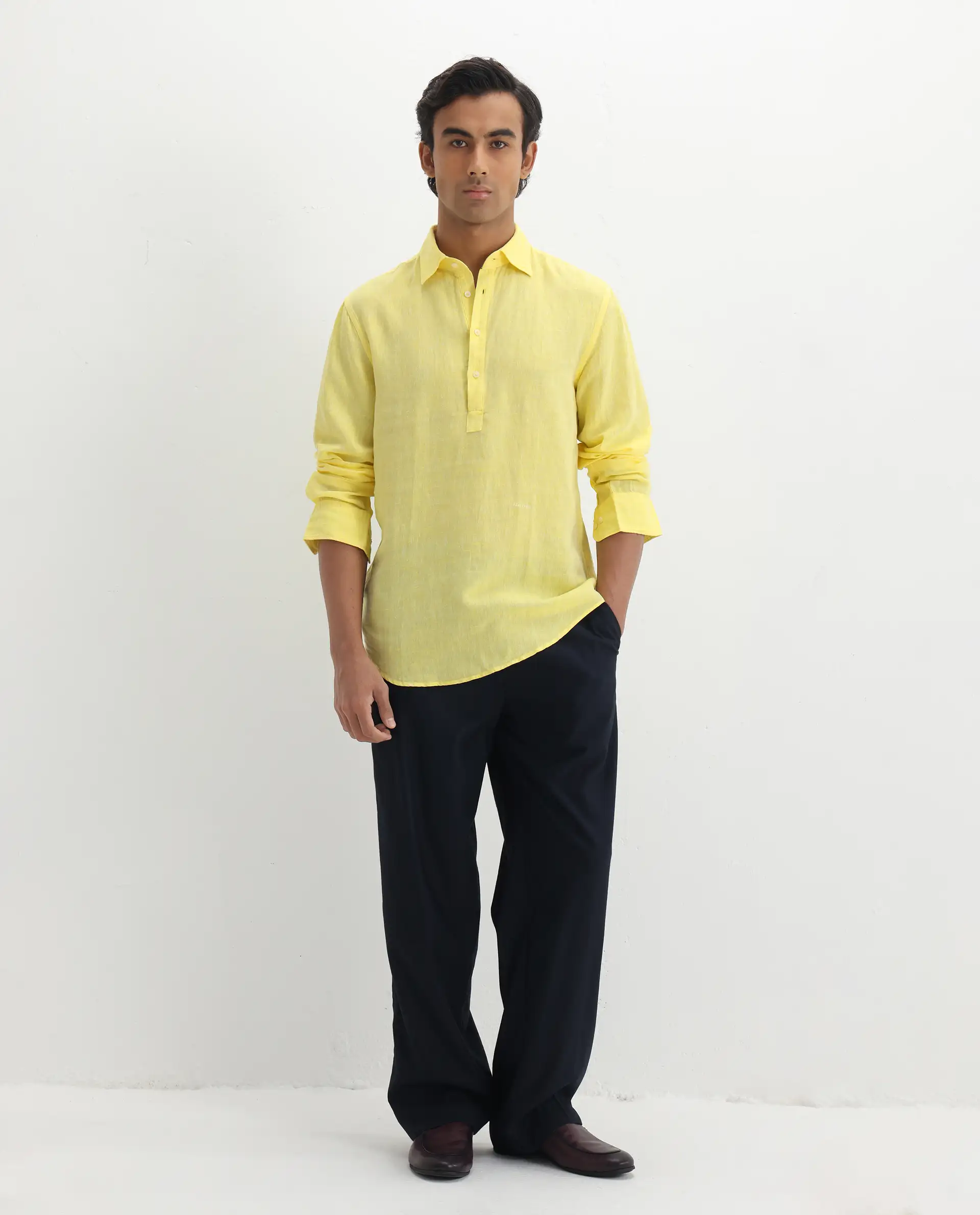 Rare Rabbit Men's Kurts Yellow Linen Plain Regular Fit Full Sleeve Collared Shirt - Image 2