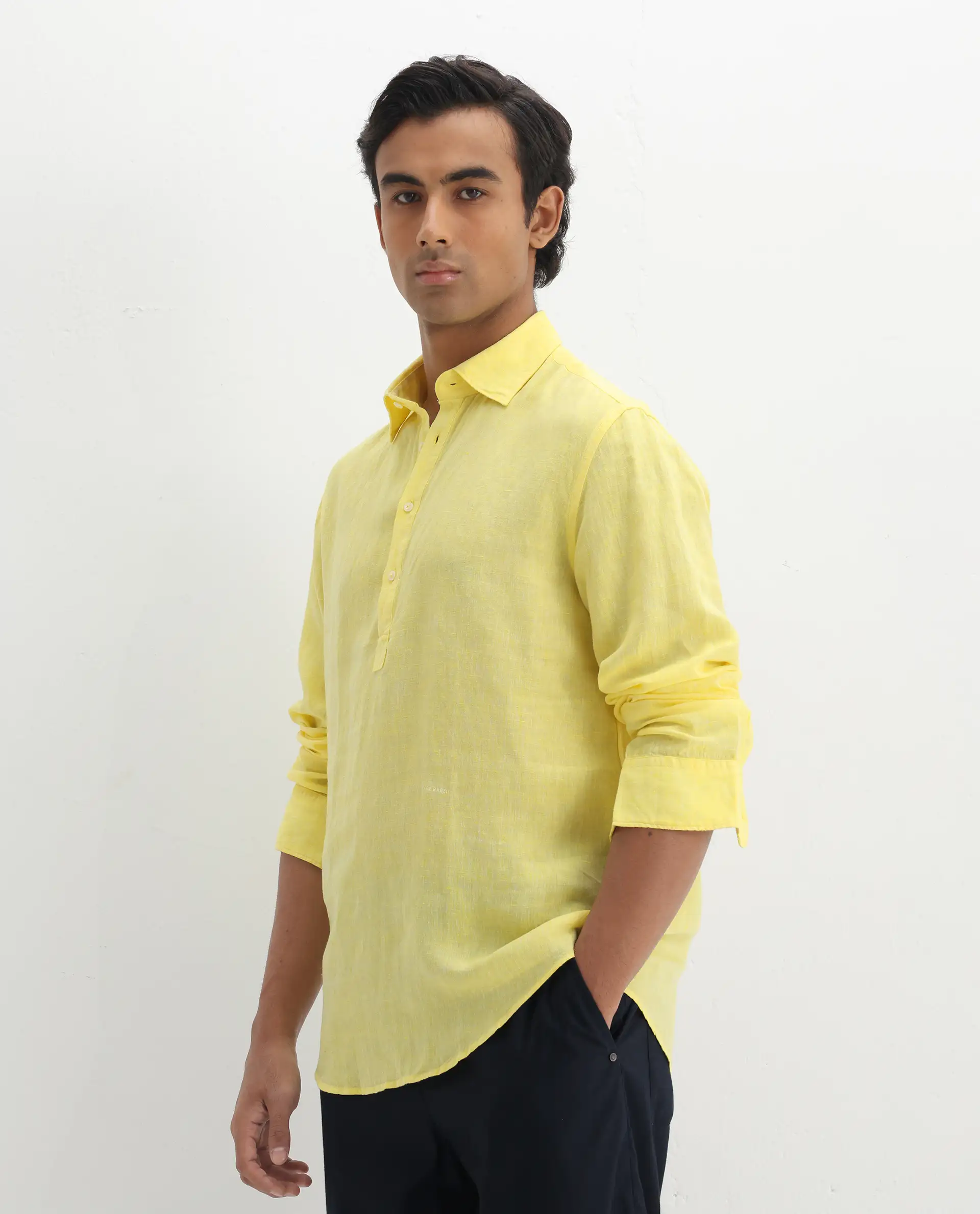 Rare Rabbit Men's Kurts Yellow Linen Plain Regular Fit Full Sleeve Collared Shirt - Image 7
