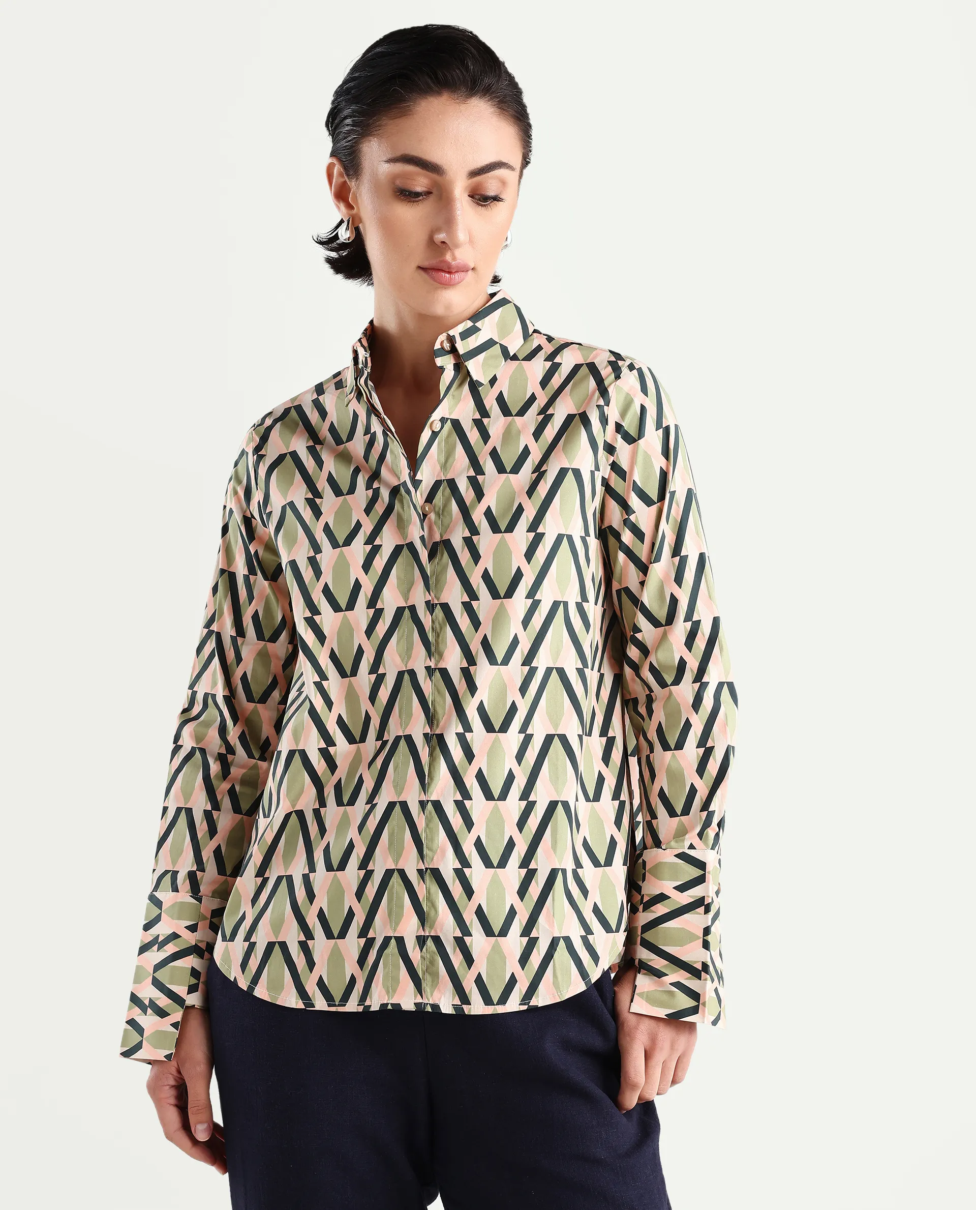 Rareism Women's Kuvin Multi Poplin Lycra Drop Collar Geometric Print Cuffed Sleeve Regular Fit Top - Image 3