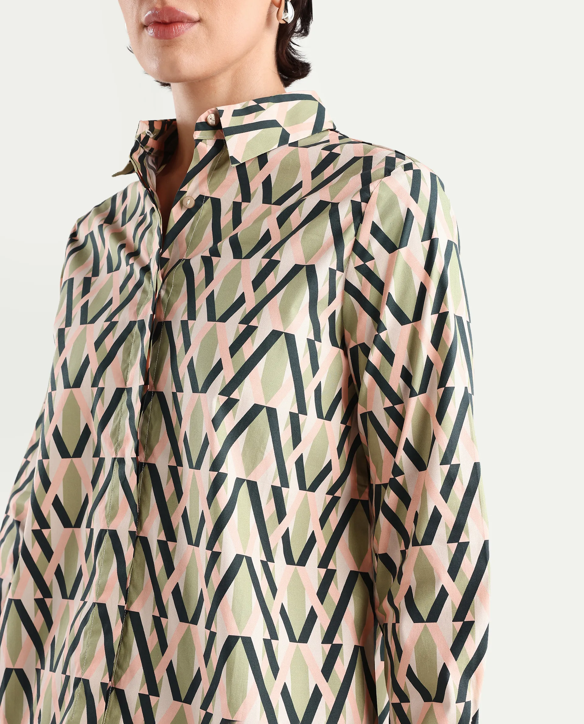 Rareism Women's Kuvin Multi Poplin Lycra Drop Collar Geometric Print Cuffed Sleeve Regular Fit Top - Image 4