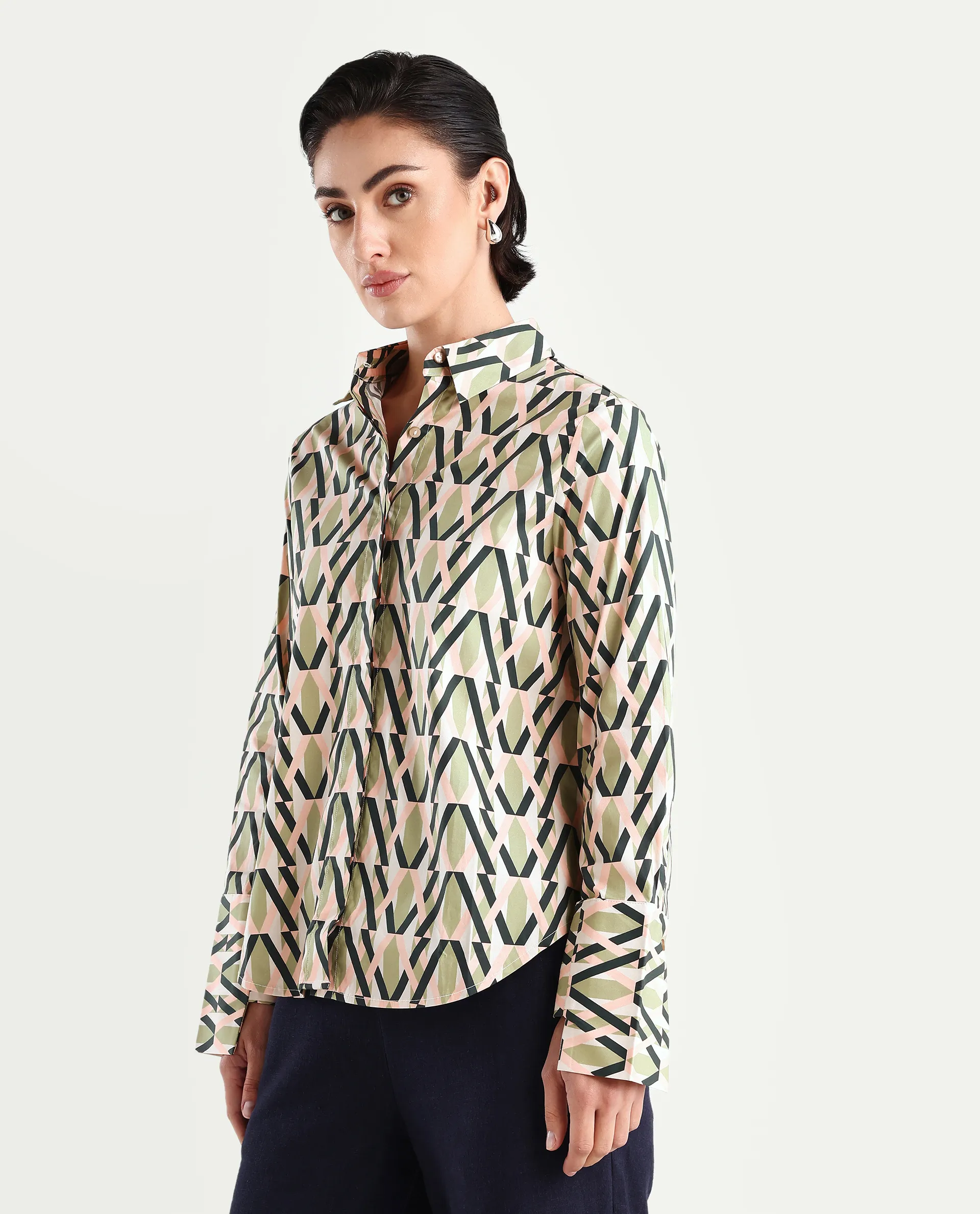 Rareism Women's Kuvin Multi Poplin Lycra Drop Collar Geometric Print Cuffed Sleeve Regular Fit Top - Image 5