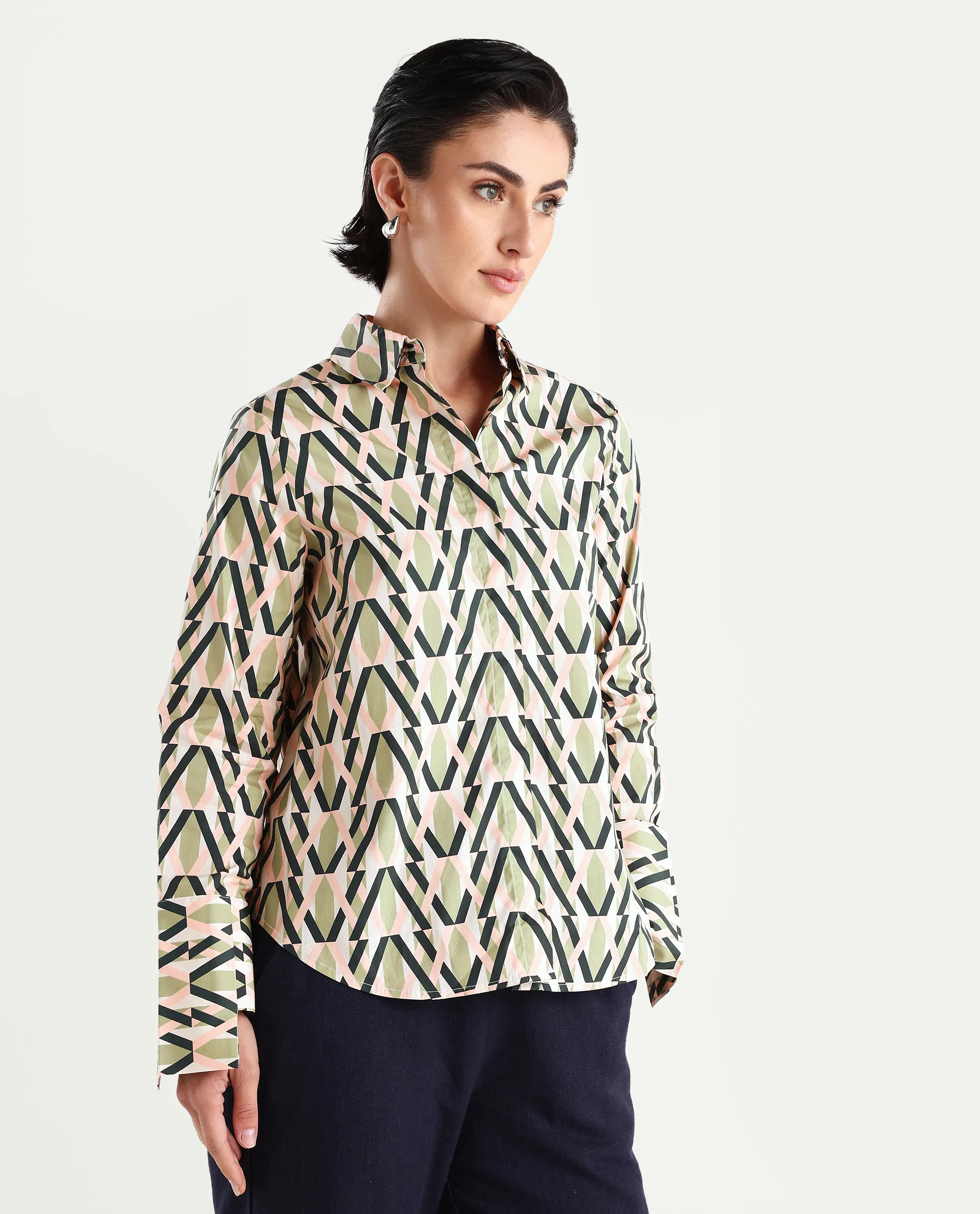 Rareism Women's Kuvin Multi Poplin Lycra Drop Collar Geometric Print Cuffed Sleeve Regular Fit Top - Image 6