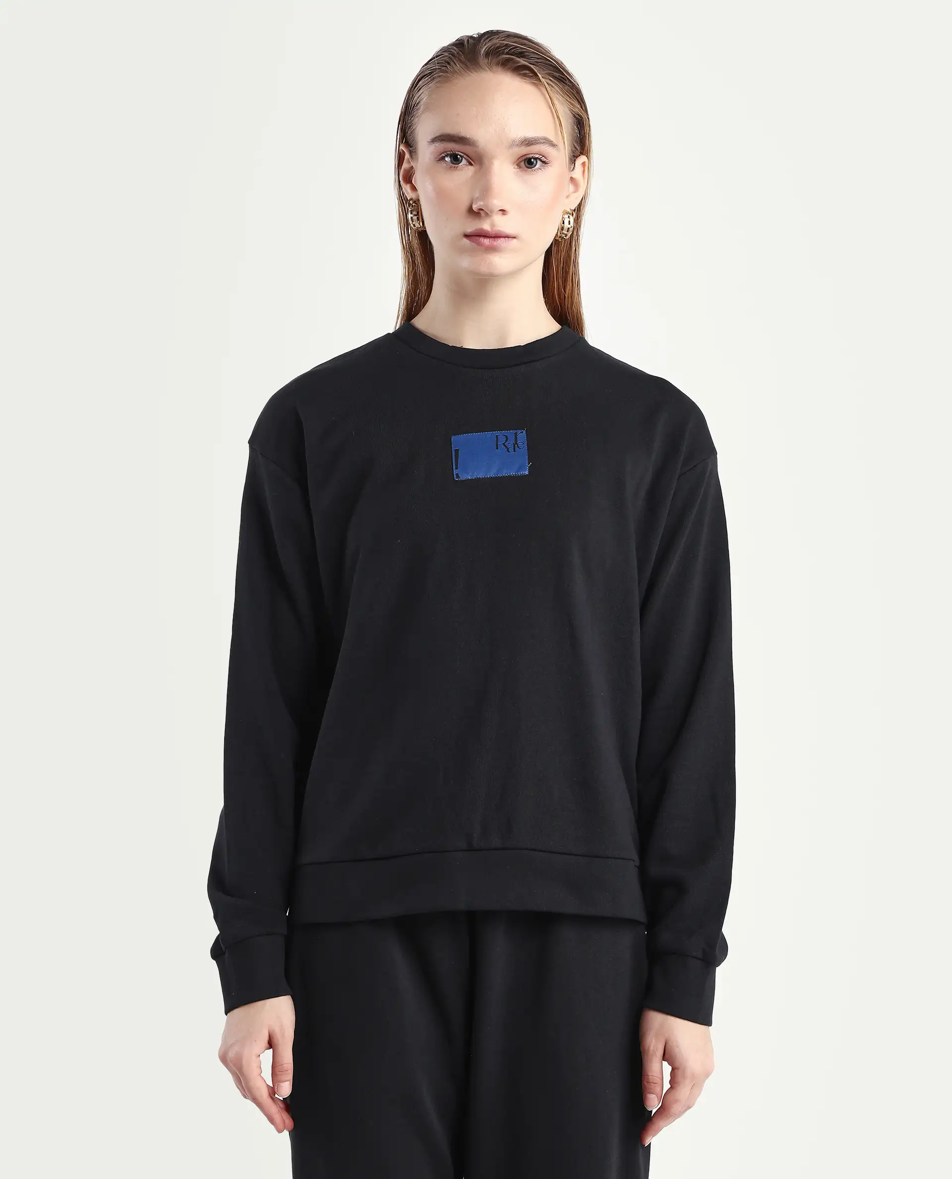 Rareism Women's Kuyum Black Cotton Blend Crew Neck Typography Print Regular Fit Sweatshirt - Image 3