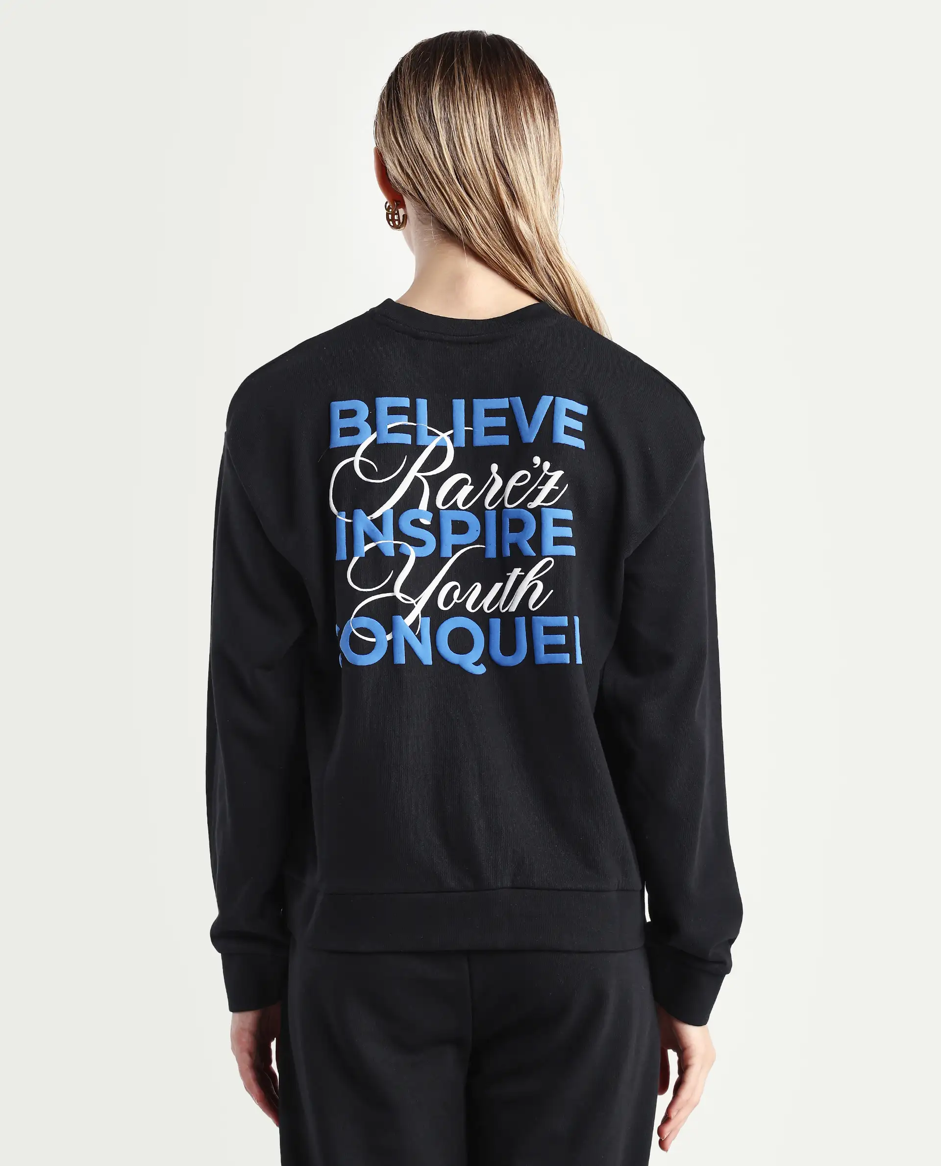 Rareism Women's Kuyum Black Cotton Blend Crew Neck Typography Print Regular Fit Sweatshirt - Image 7