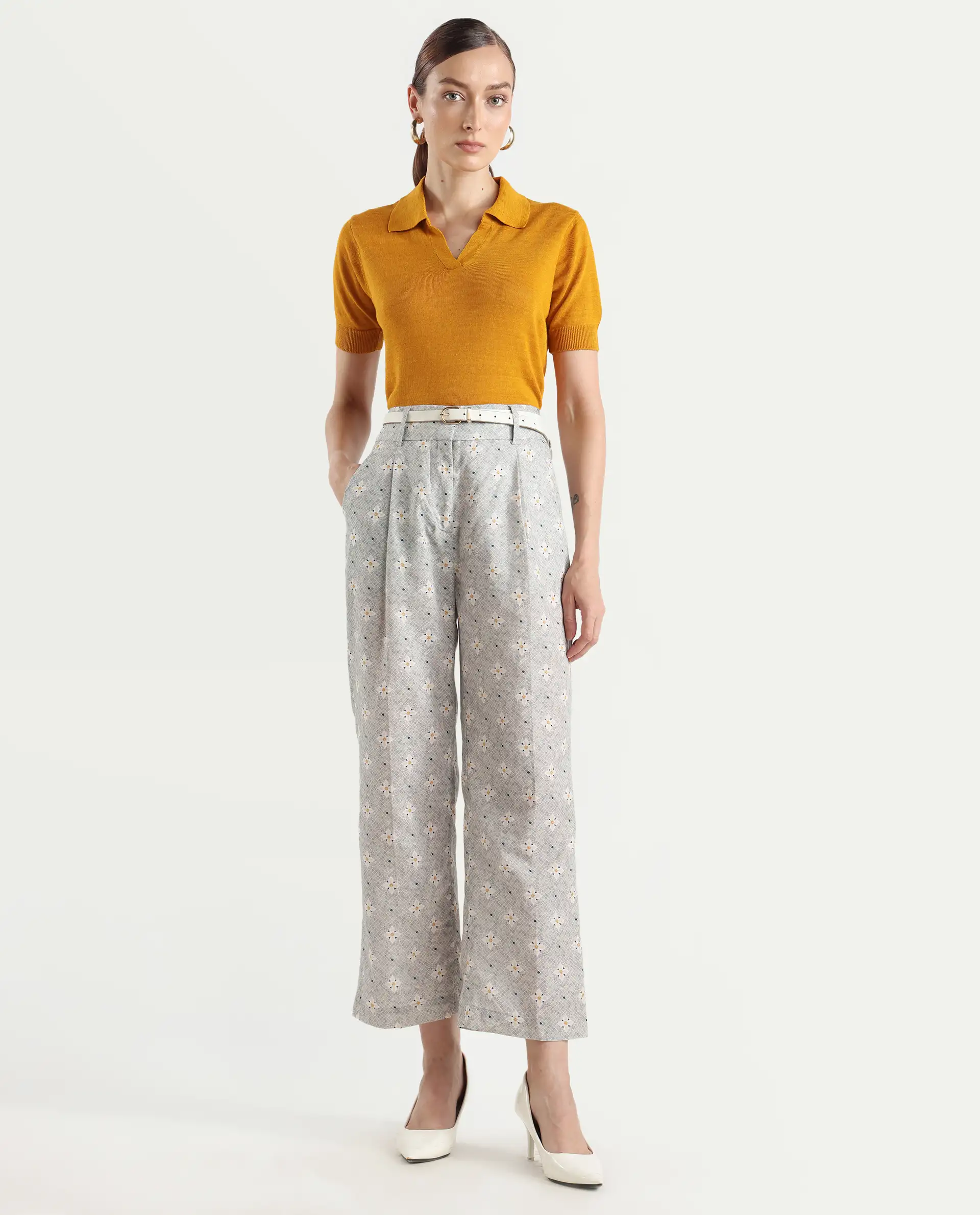 Rareism Women's Kuzal Light Grey Cotton Blend Floral Print Ankle Length Straight Fit Trouser
