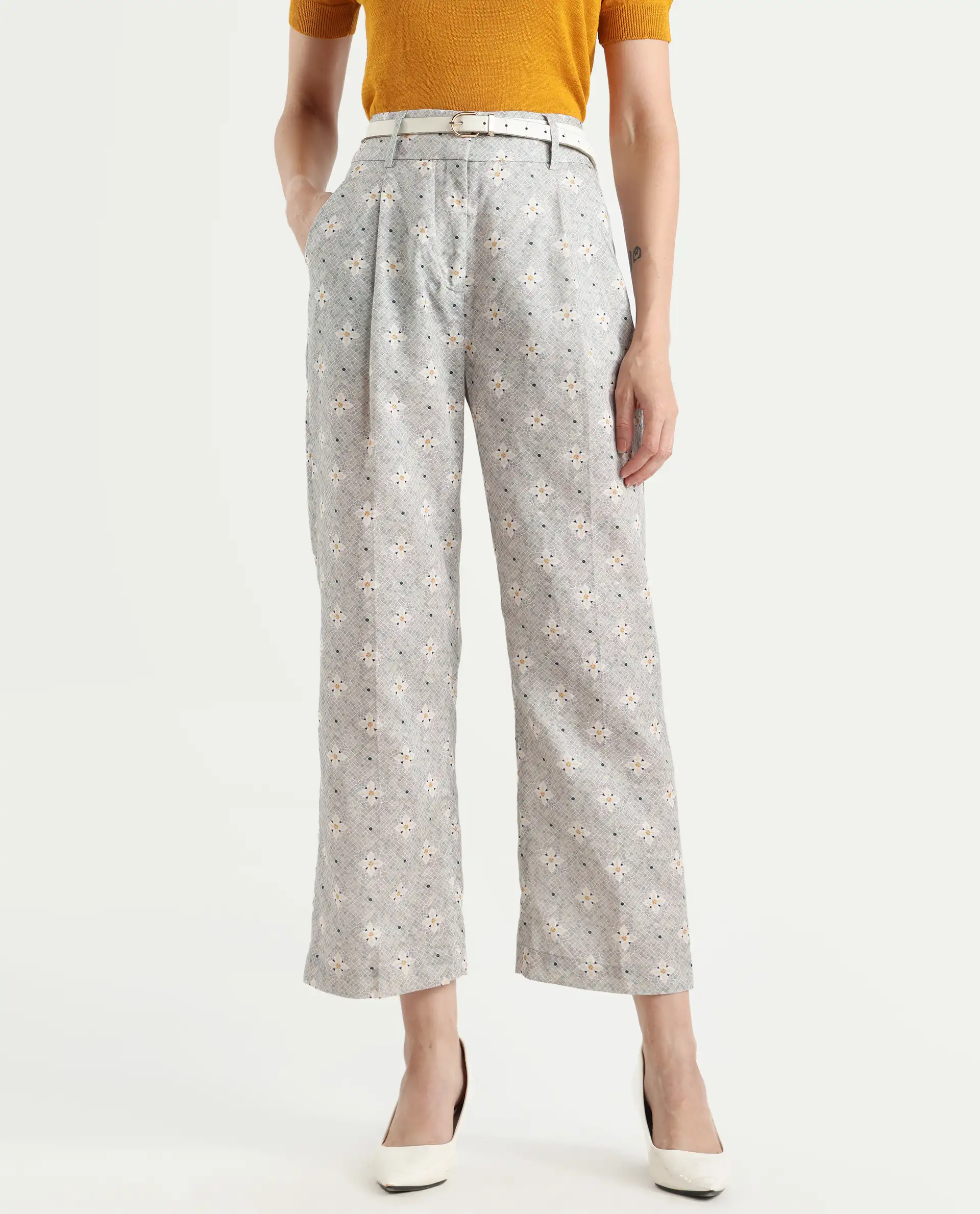 Rareism Women's Kuzal Light Grey Cotton Blend Floral Print Ankle Length Straight Fit Trouser - Image 2