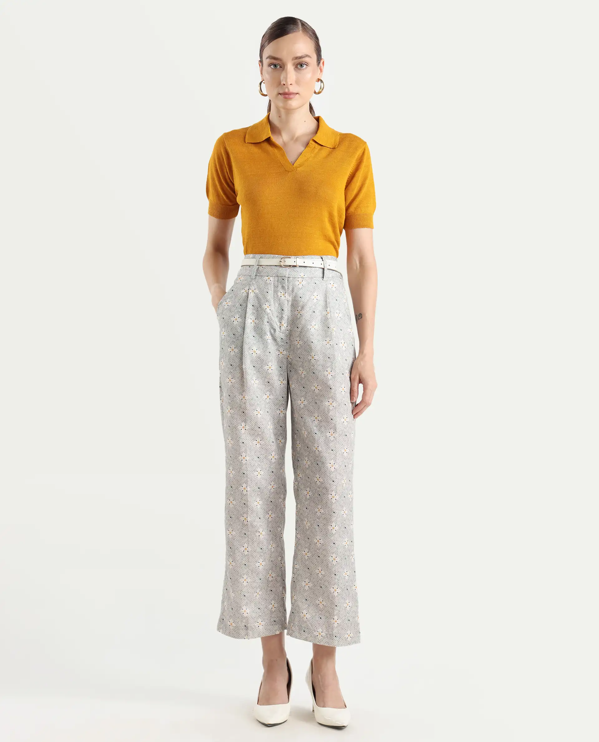Rareism Women's Kuzal Light Grey Cotton Blend Floral Print Ankle Length Straight Fit Trouser - Image 3
