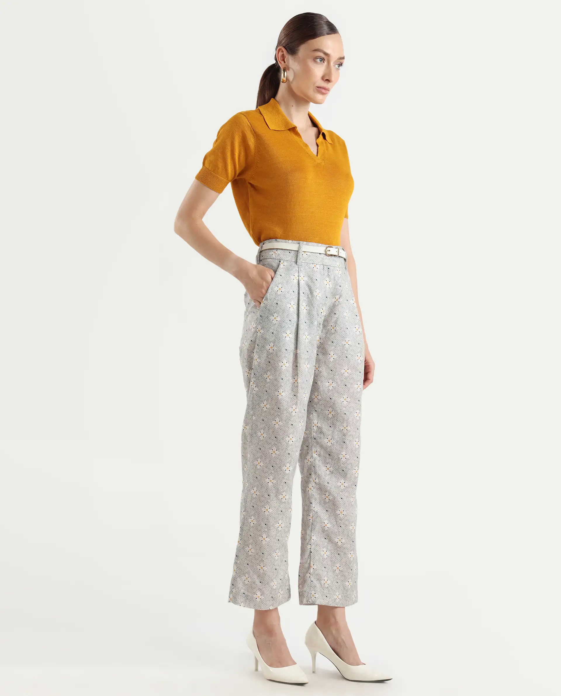 Rareism Women's Kuzal Light Grey Cotton Blend Floral Print Ankle Length Straight Fit Trouser - Image 6