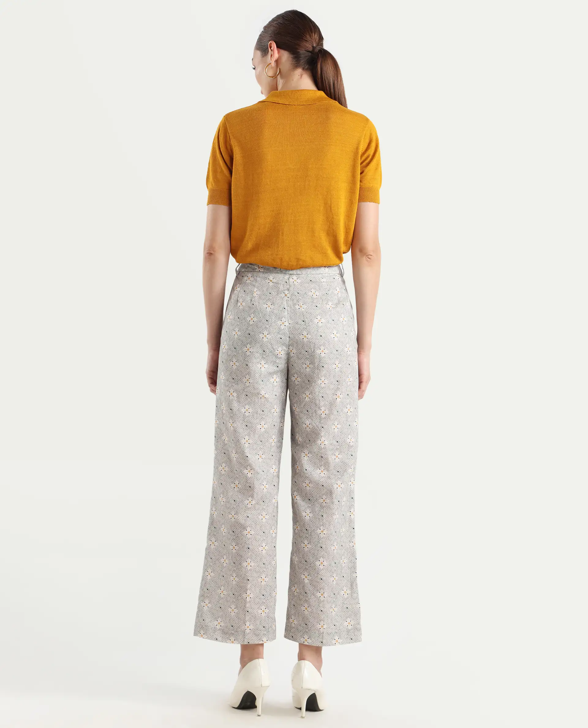 Rareism Women's Kuzal Light Grey Cotton Blend Floral Print Ankle Length Straight Fit Trouser - Image 7