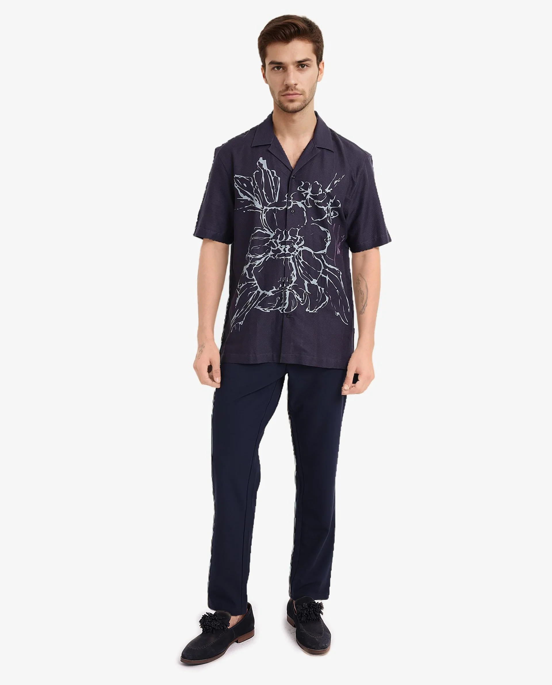 Rare Rabbit Men's Kyle Navy Cotton Floral Print Boxy Fit Half Sleeve Collared Shirt - Image 2