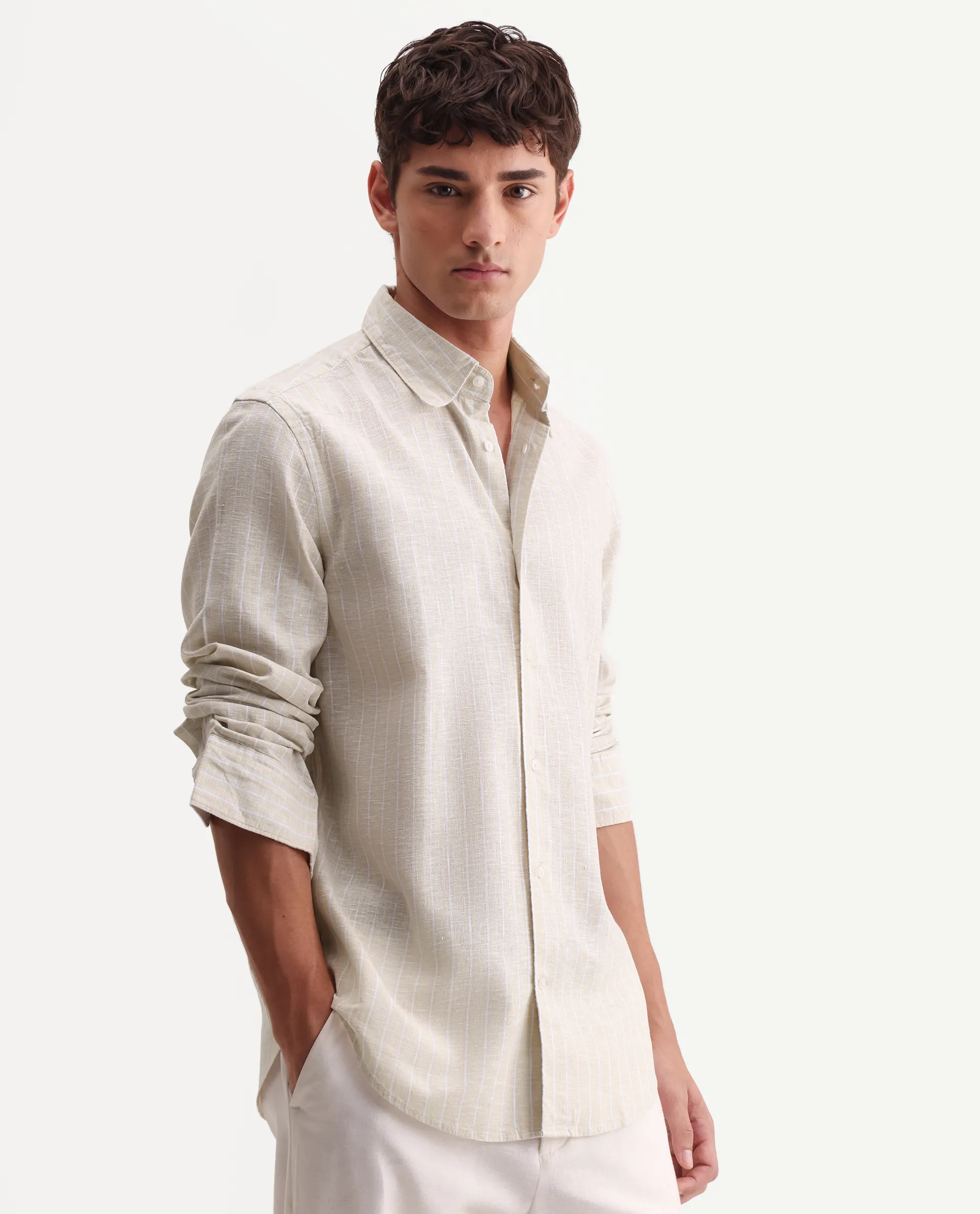 Rare Rabbit Men's Kylo Khaki 100% Linen Striped Print Regular Fit Full Sleeve Collared Shirt - Image 4
