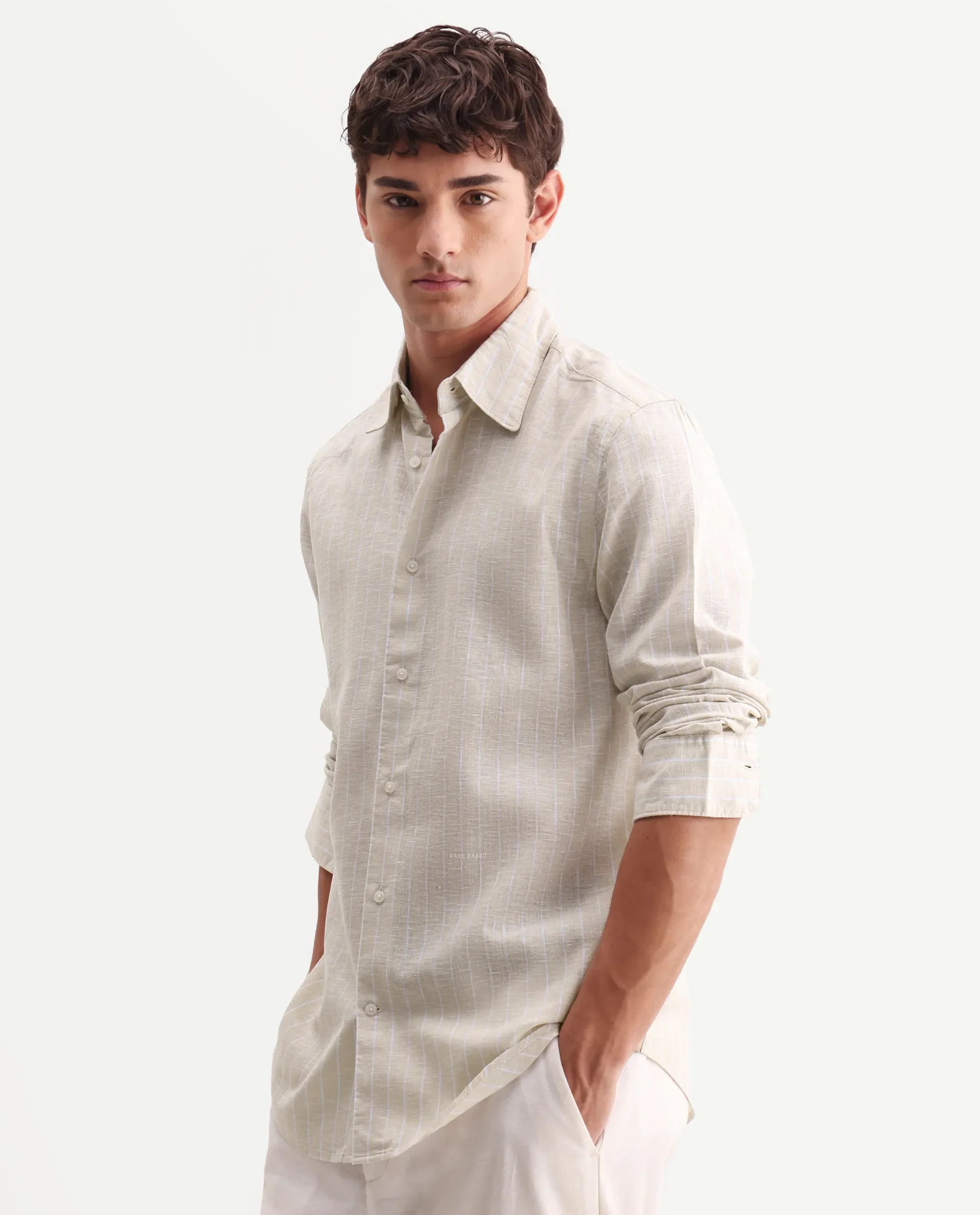 Rare Rabbit Men's Kylo Khaki 100% Linen Striped Print Regular Fit Full Sleeve Collared Shirt - Image 5