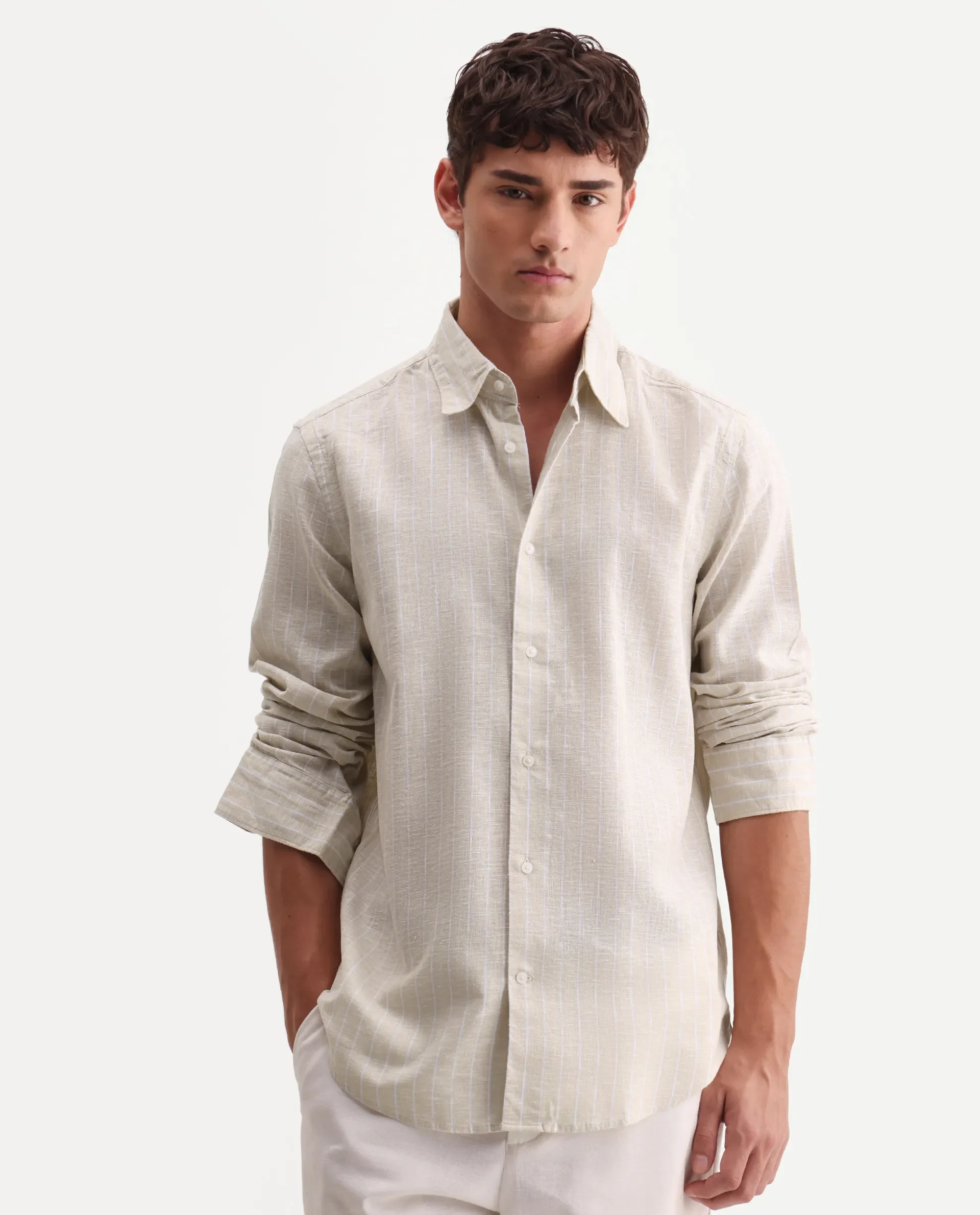 Rare Rabbit Men's Kylo Khaki 100% Linen Striped Print Regular Fit Full Sleeve Collared Shirt - Image 6