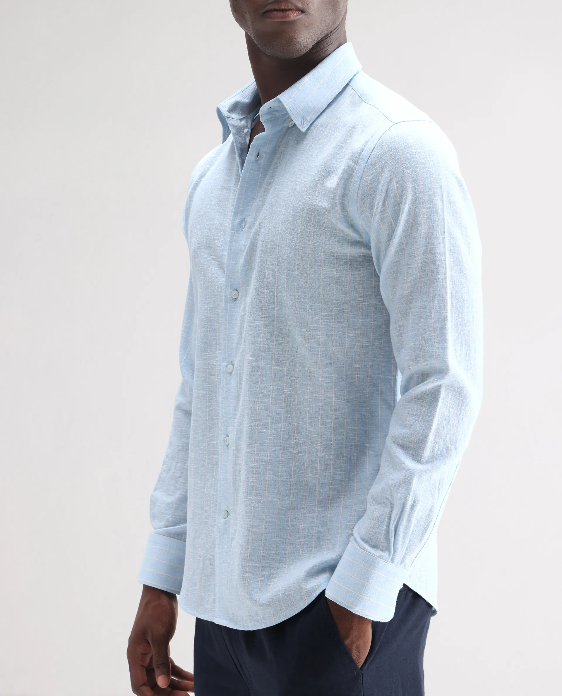 Rare Rabbit Men's Kylo Light Blue 100% Linen Striped Print Regular Fit Full Sleeve Collared Shirt - Image 3