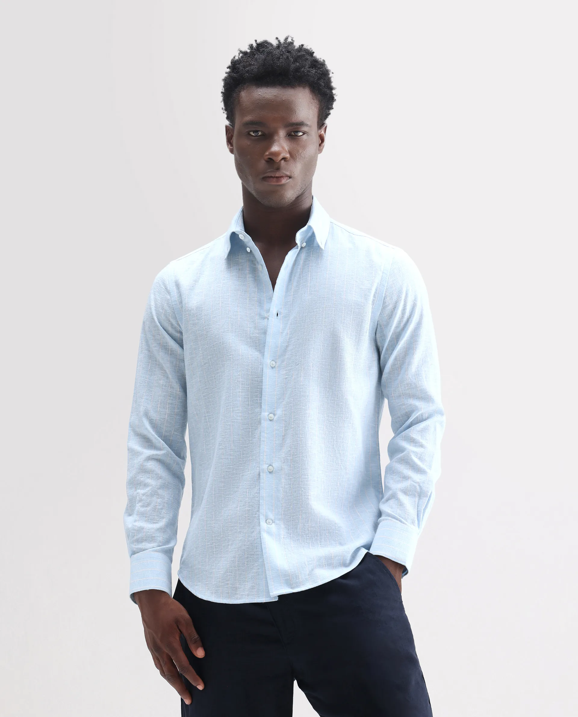 Rare Rabbit Men's Kylo Light Blue 100% Linen Striped Print Regular Fit Full Sleeve Collared Shirt - Image 4