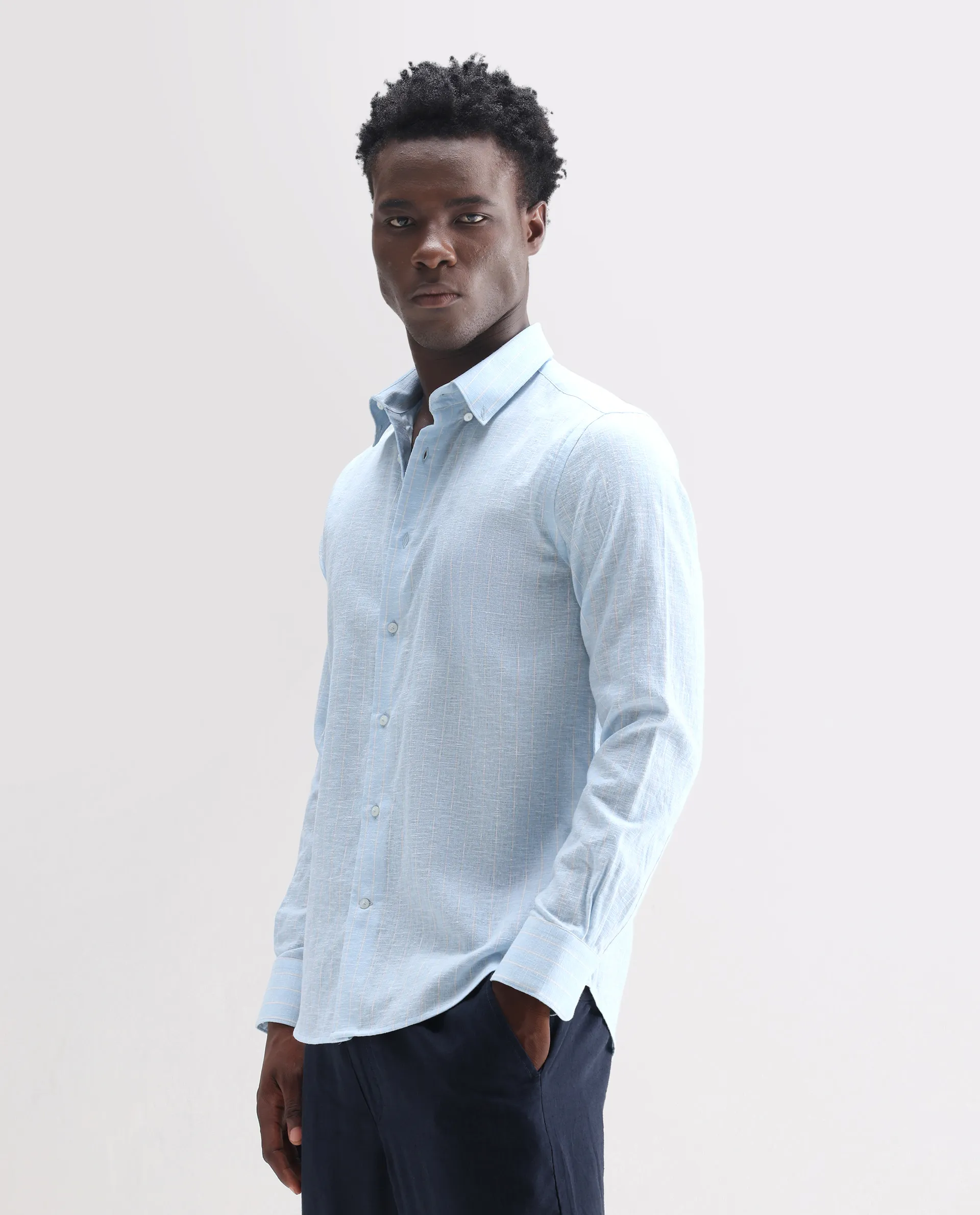 Rare Rabbit Men's Kylo Light Blue 100% Linen Striped Print Regular Fit Full Sleeve Collared Shirt - Image 5