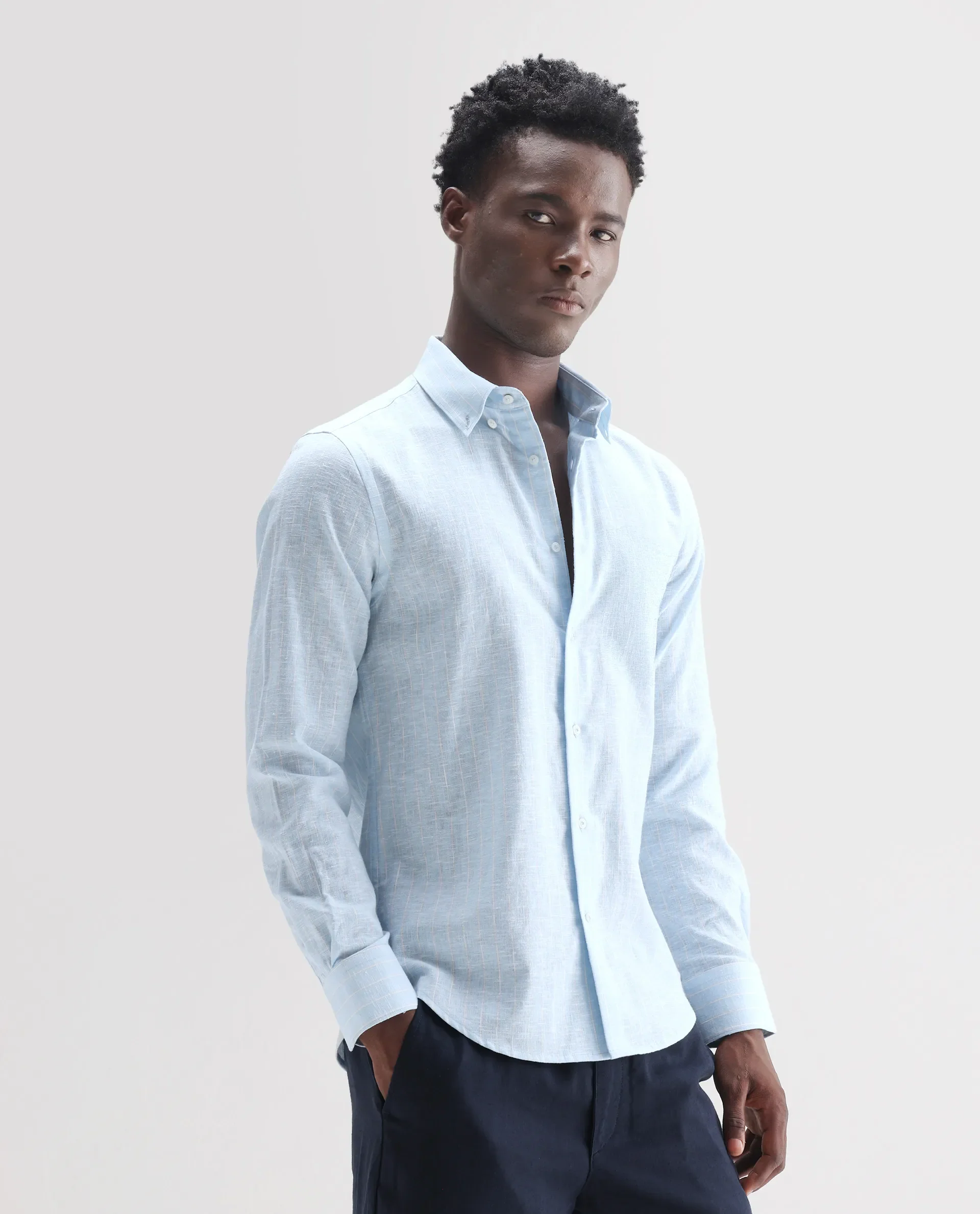 Rare Rabbit Men's Kylo Light Blue 100% Linen Striped Print Regular Fit Full Sleeve Collared Shirt - Image 6