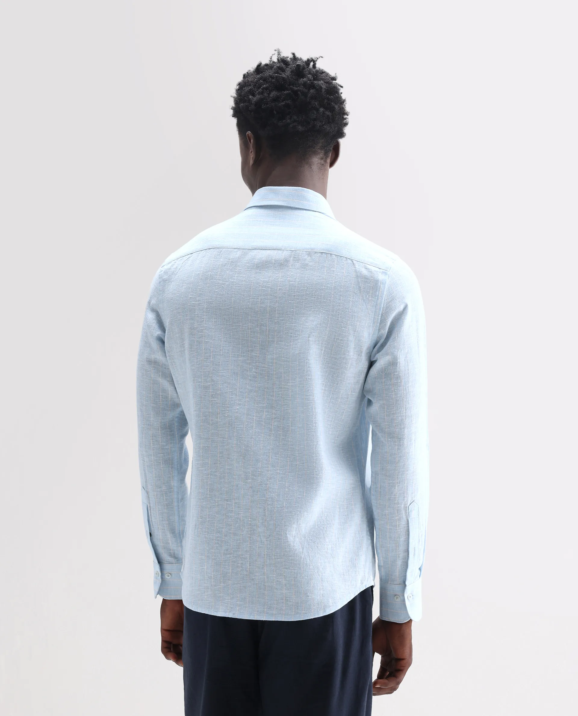 Rare Rabbit Men's Kylo Light Blue 100% Linen Striped Print Regular Fit Full Sleeve Collared Shirt - Image 8