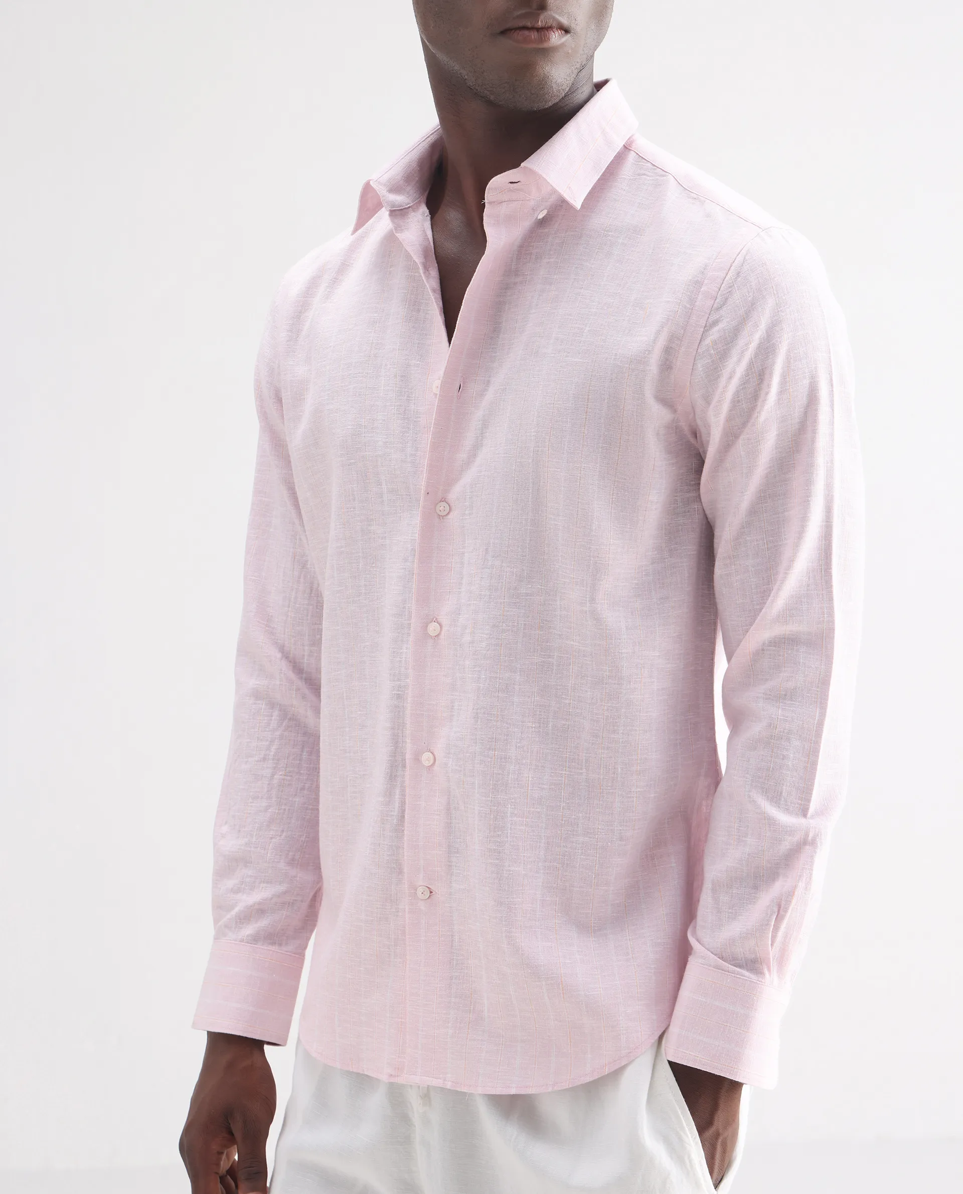 Rare Rabbit Men's Kylo Pink 100% Linen Striped Print Regular Fit Full Sleeve Collared Shirt - Image 3