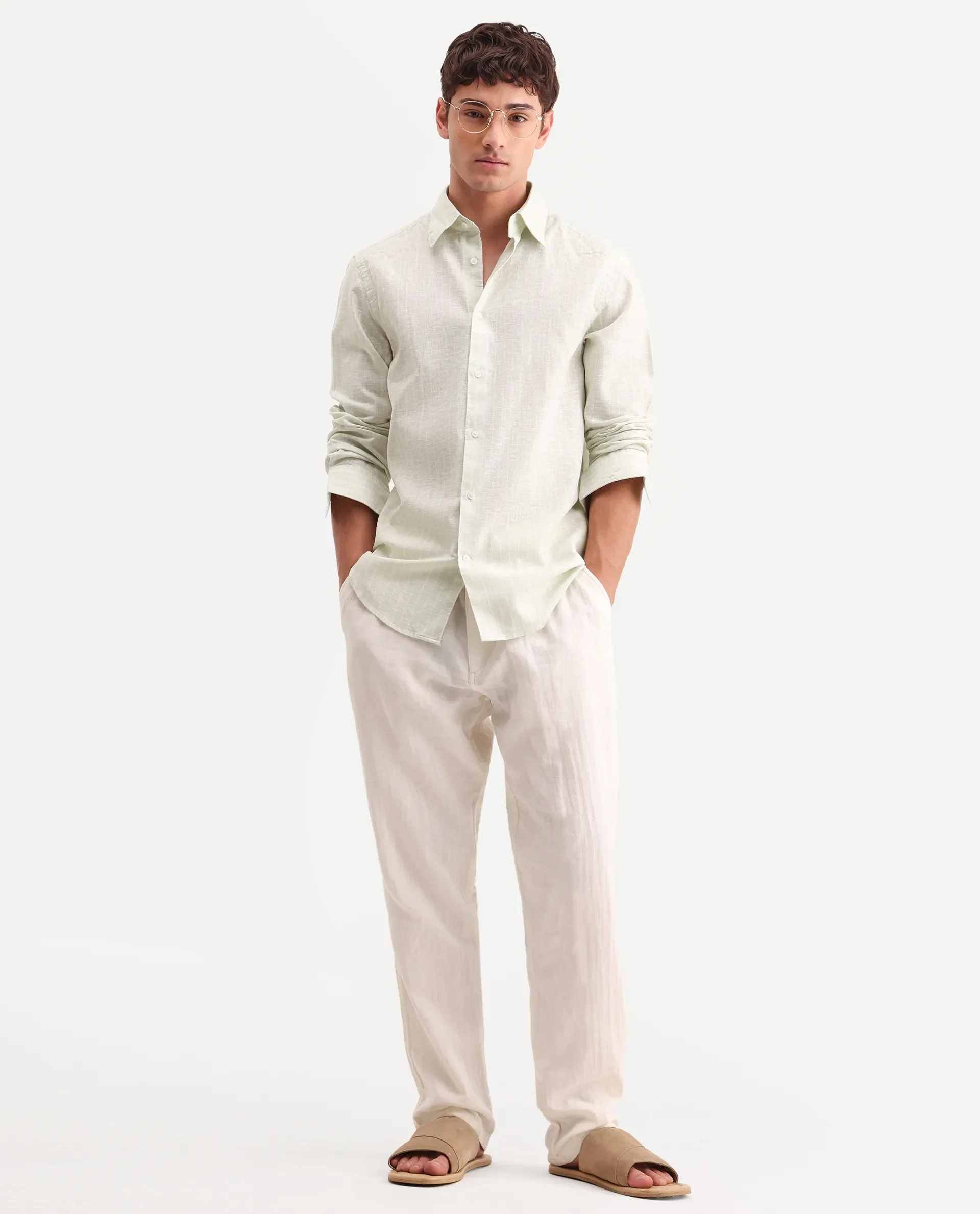 Rare Rabbit Men's Kylo Sage 100% Linen Striped Print Regular Fit Full Sleeve Collared Shirt - Image 2