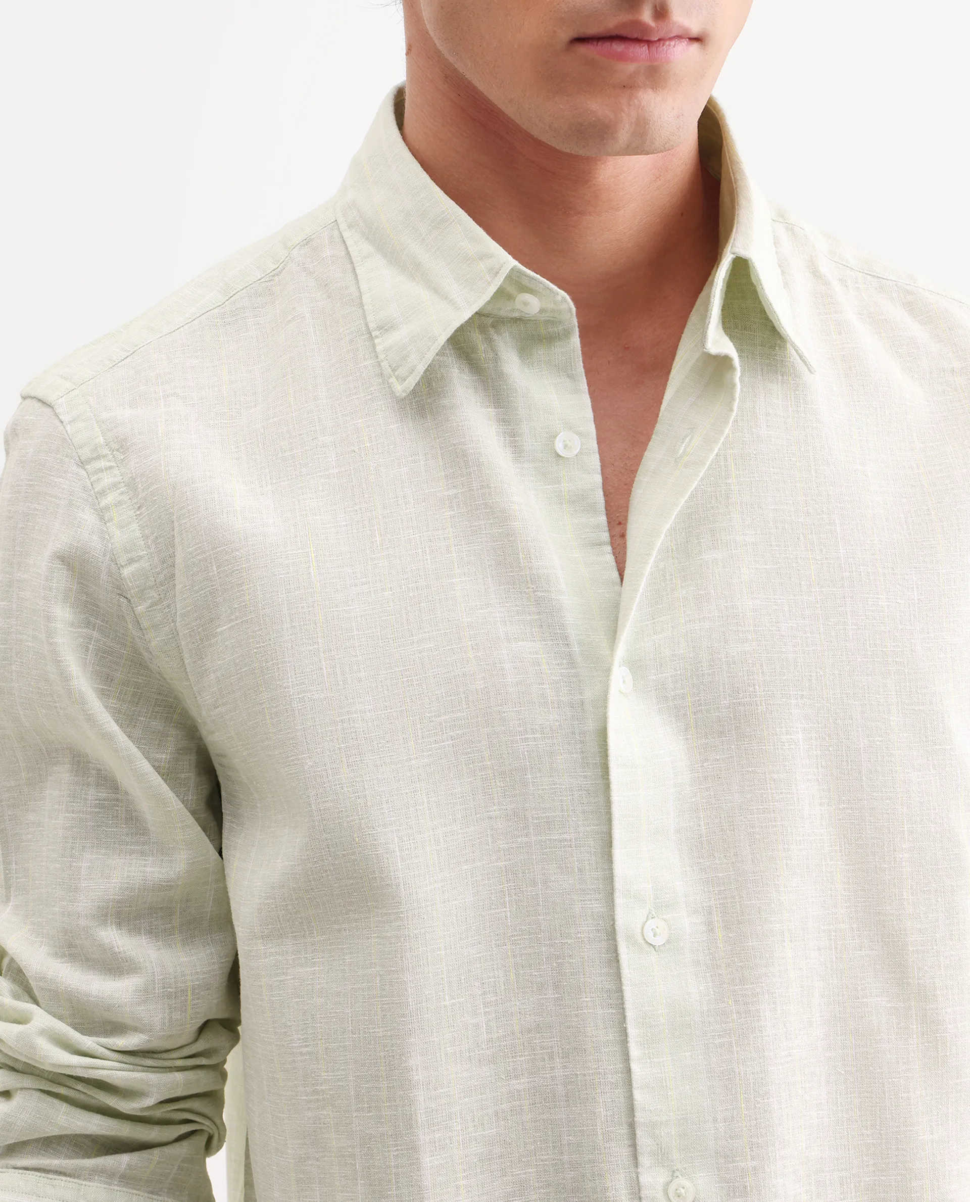 Rare Rabbit Men's Kylo Sage 100% Linen Striped Print Regular Fit Full Sleeve Collared Shirt - Image 3