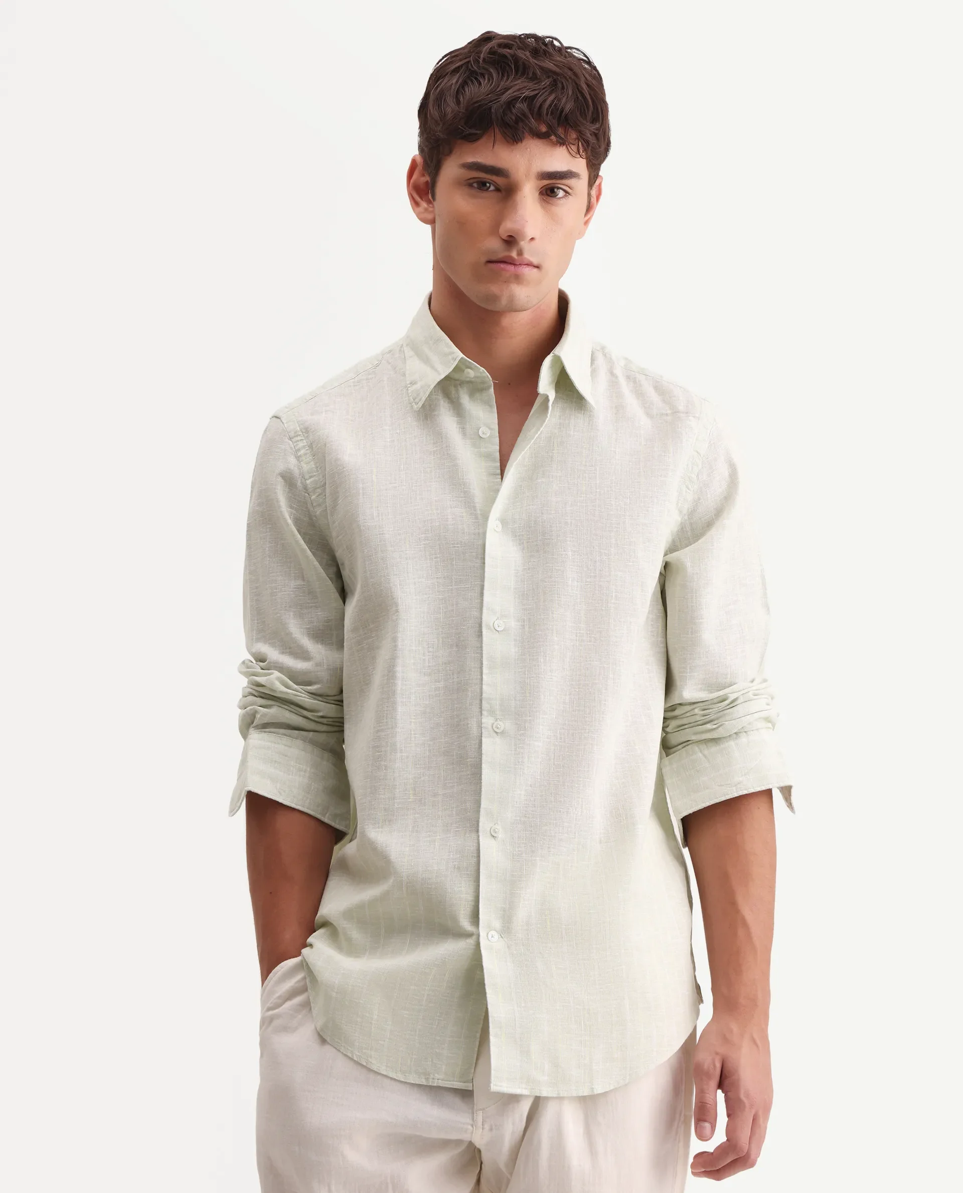 Rare Rabbit Men's Kylo Sage 100% Linen Striped Print Regular Fit Full Sleeve Collared Shirt - Image 4