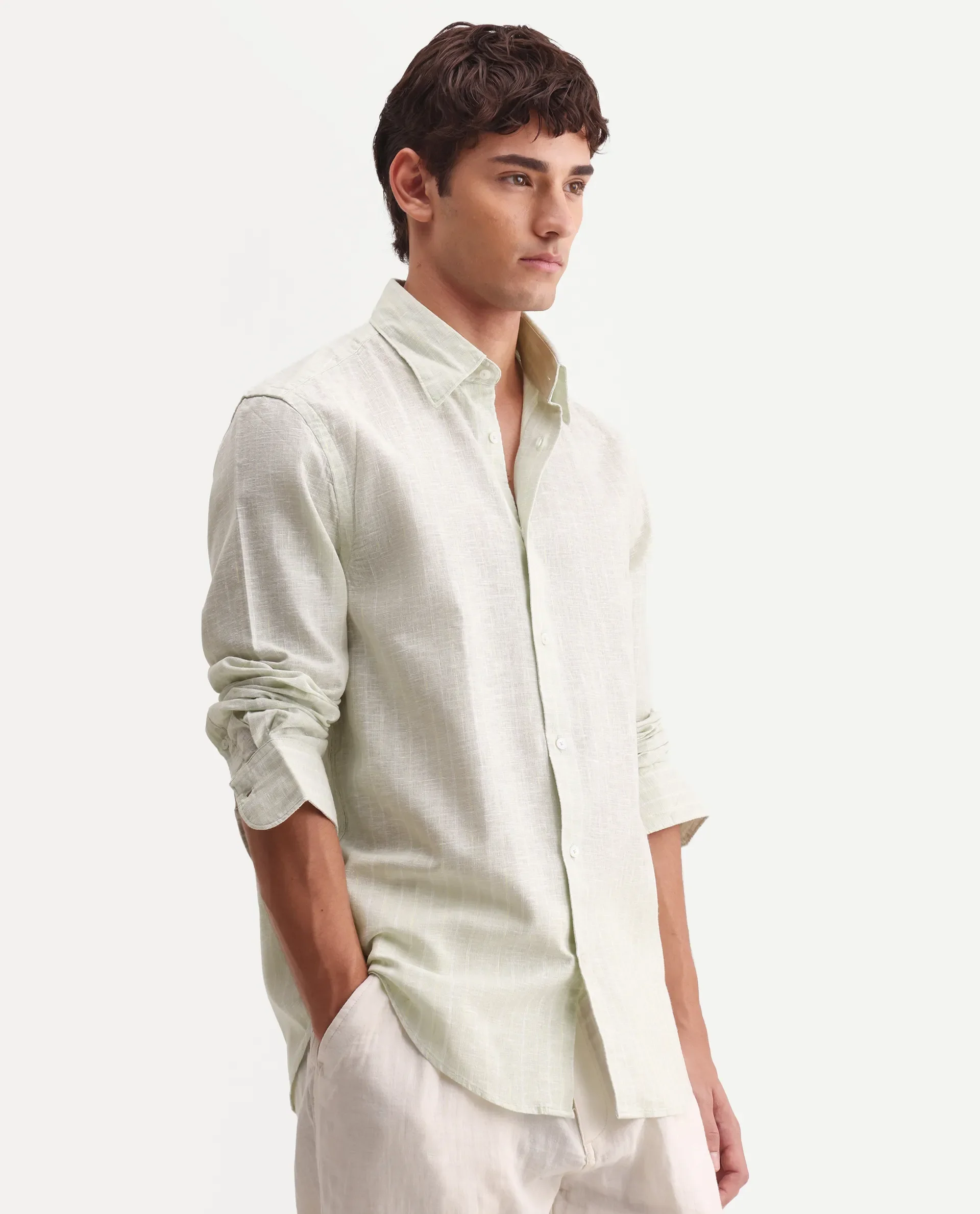 Rare Rabbit Men's Kylo Sage 100% Linen Striped Print Regular Fit Full Sleeve Collared Shirt - Image 5