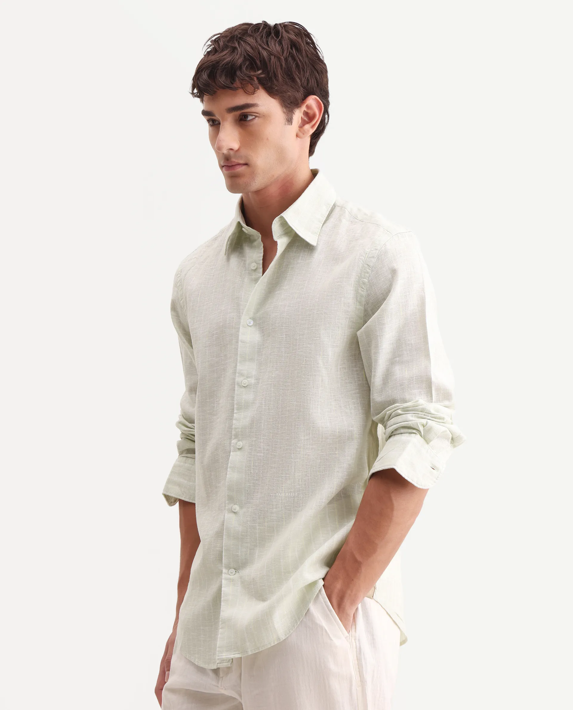 Rare Rabbit Men's Kylo Sage 100% Linen Striped Print Regular Fit Full Sleeve Collared Shirt - Image 6