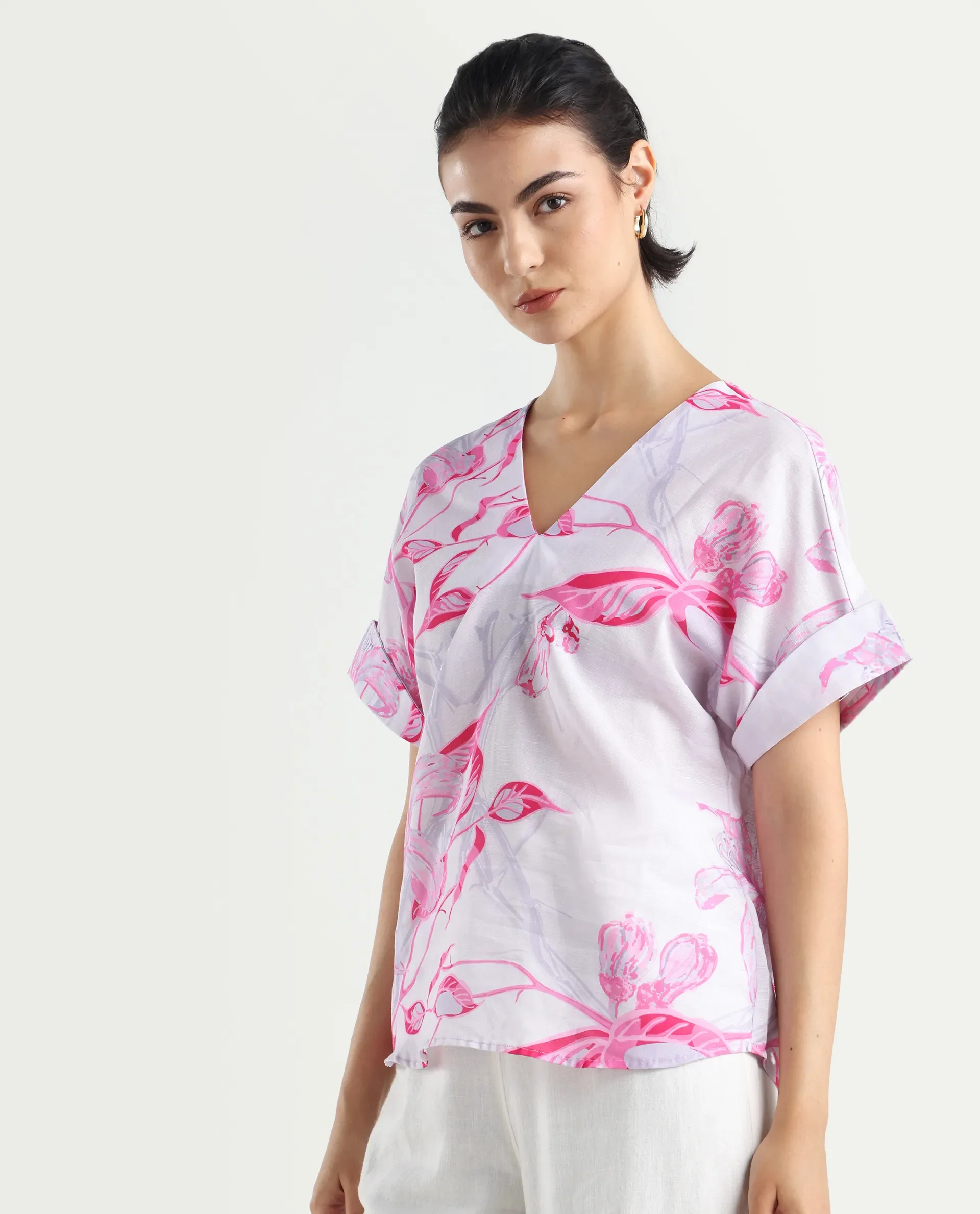 Rareism Women's Kyor Sc Dusky Purple Cotton Blend V-Neck Floral Print Extended Sleeves Regular Fit Top - Image 5
