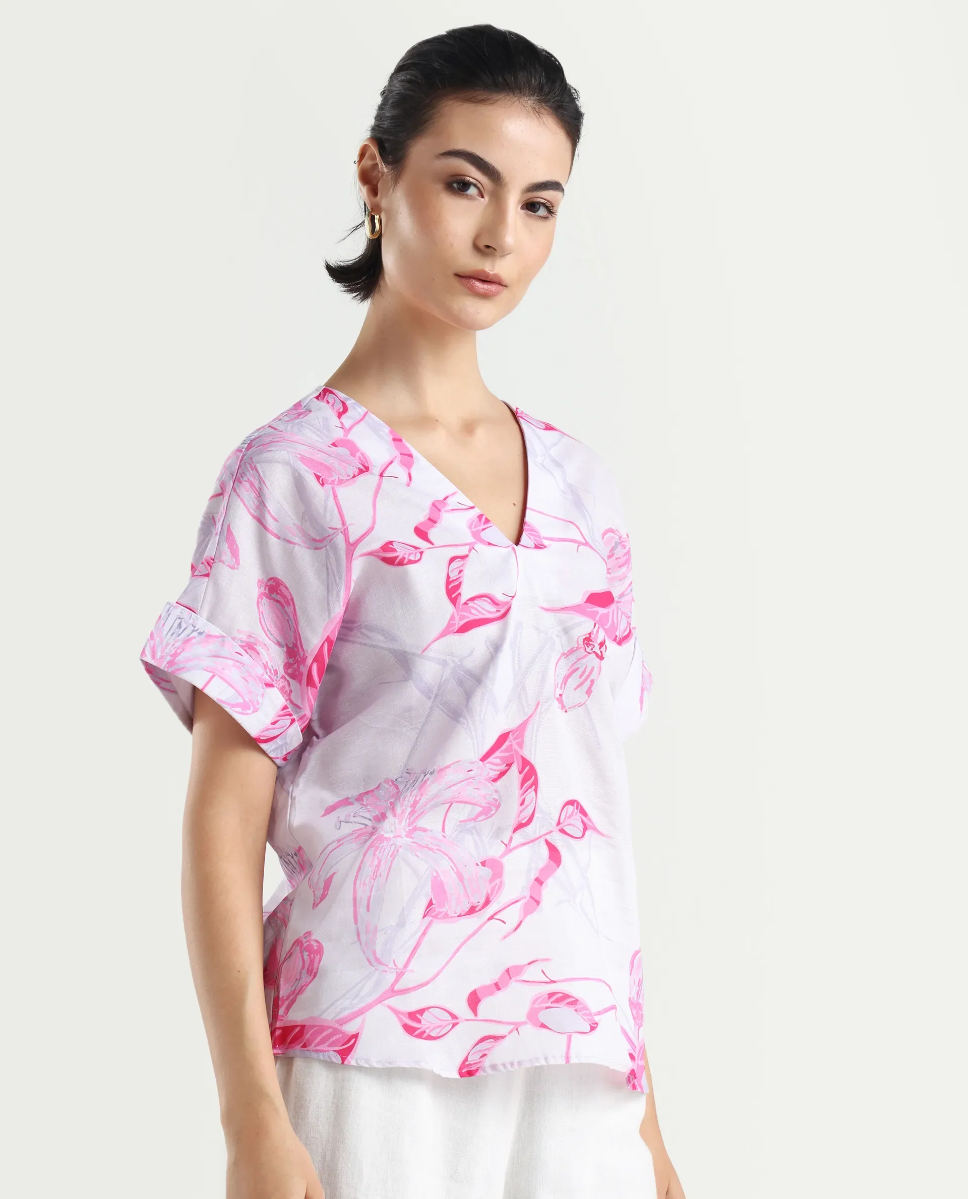 Rareism Women's Kyor Sc Dusky Purple Cotton Blend V-Neck Floral Print Extended Sleeves Regular Fit Top - Image 6