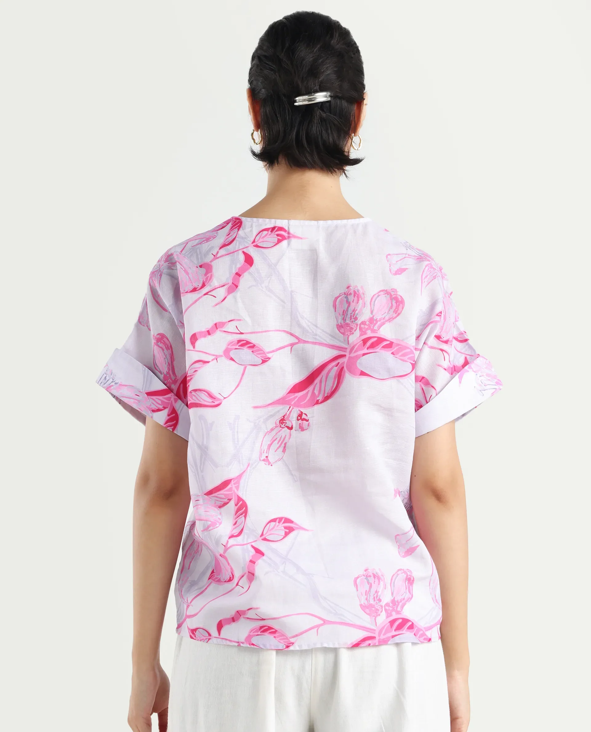 Rareism Women's Kyor Sc Dusky Purple Cotton Blend V-Neck Floral Print Extended Sleeves Regular Fit Top - Image 7