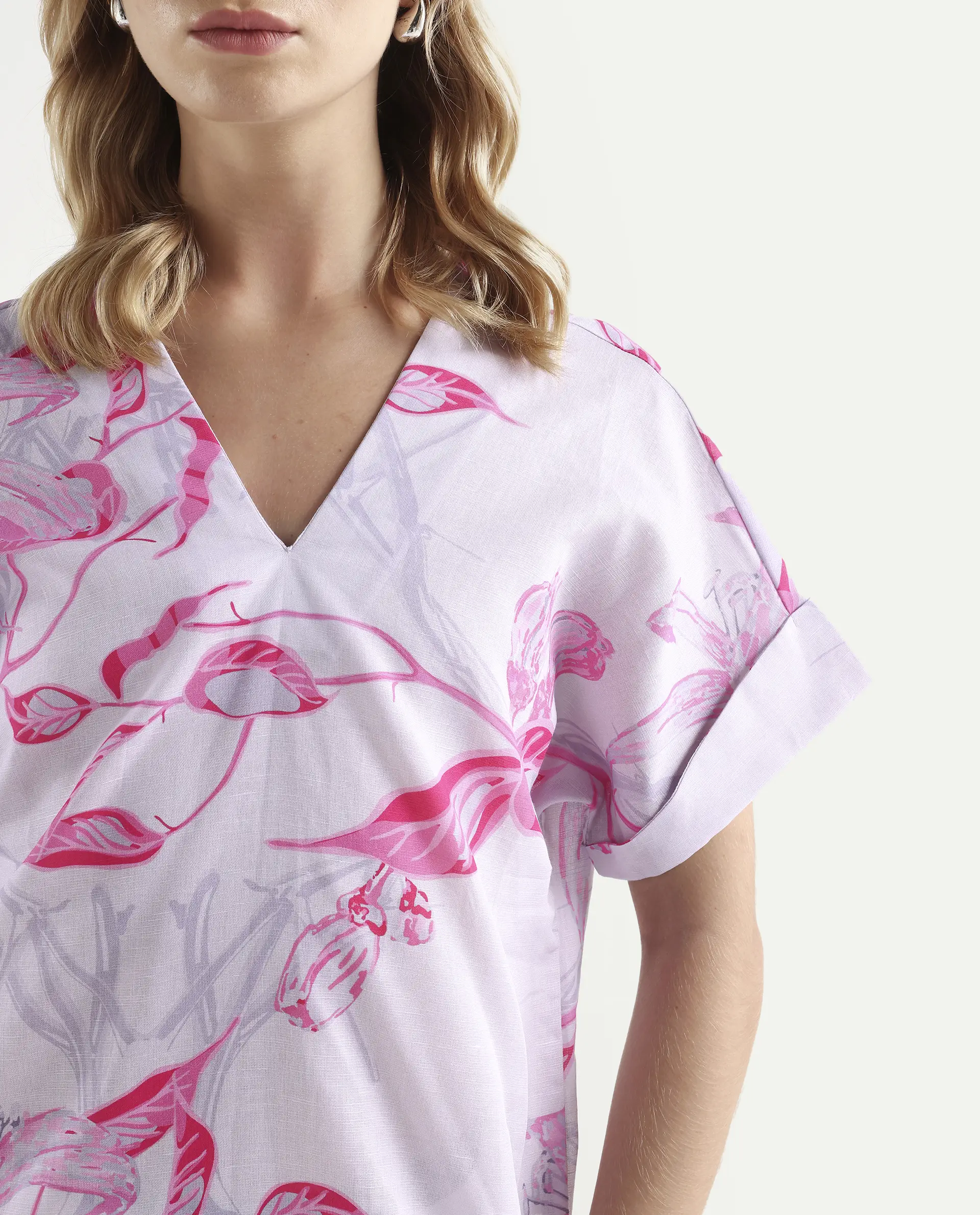 Rareism Women's Kyor Dusky Purple Cotton Blend V-Neck Floral Print Extended Sleeves Regular Fit Top - Image 3