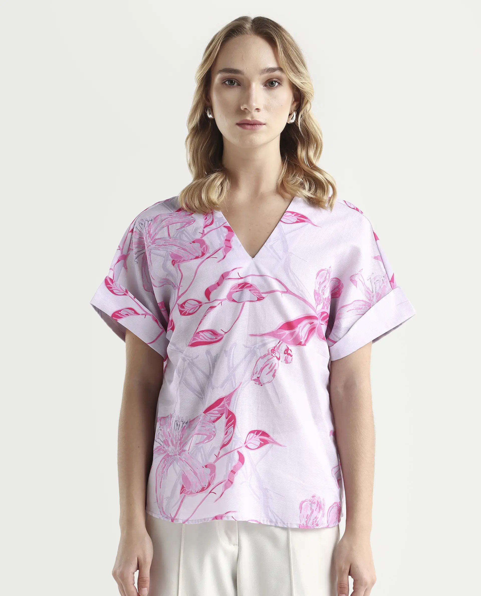 Rareism Women's Kyor Dusky Purple Cotton Blend V-Neck Floral Print Extended Sleeves Regular Fit Top - Image 4