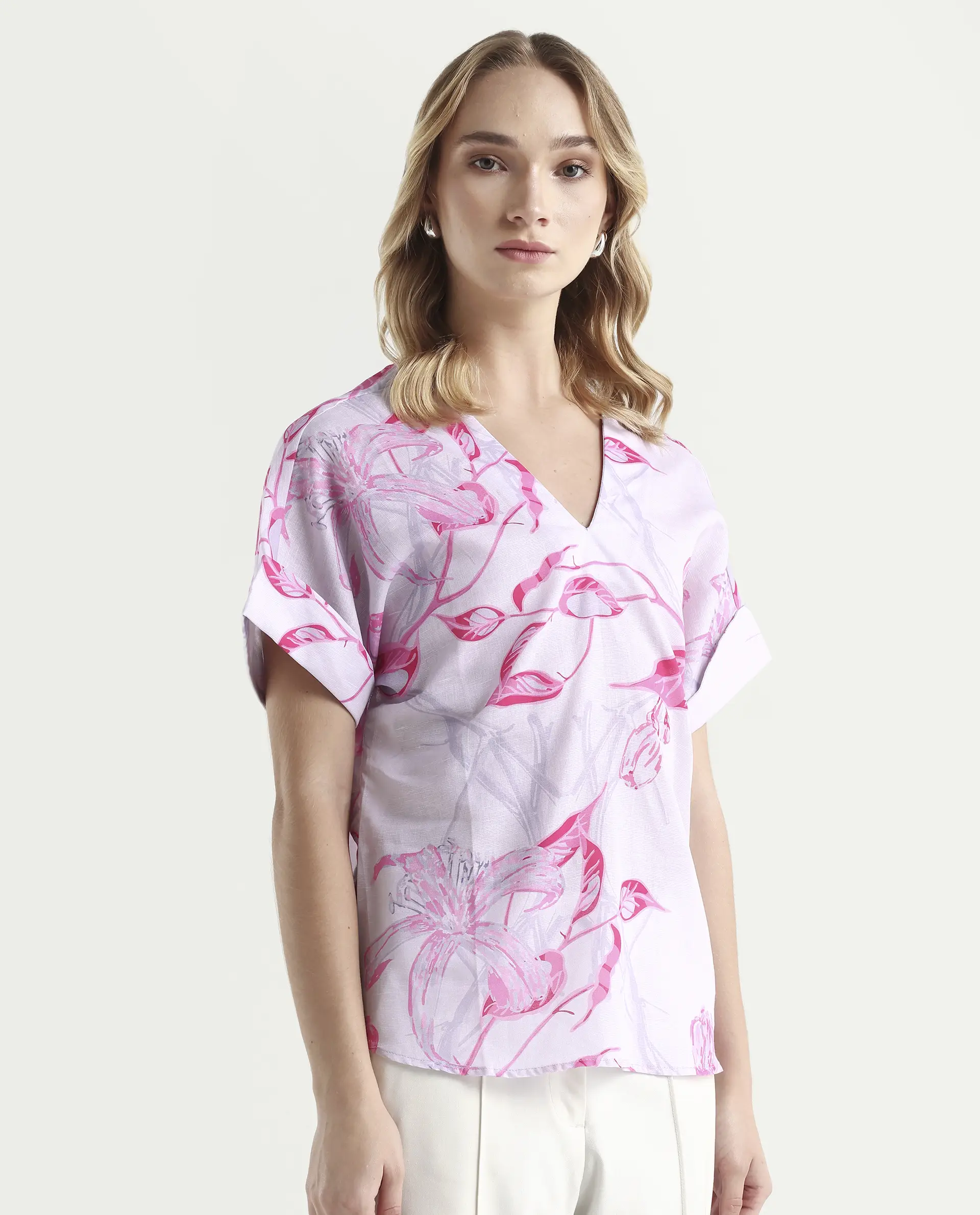 Rareism Women's Kyor Dusky Purple Cotton Blend V-Neck Floral Print Extended Sleeves Regular Fit Top - Image 5