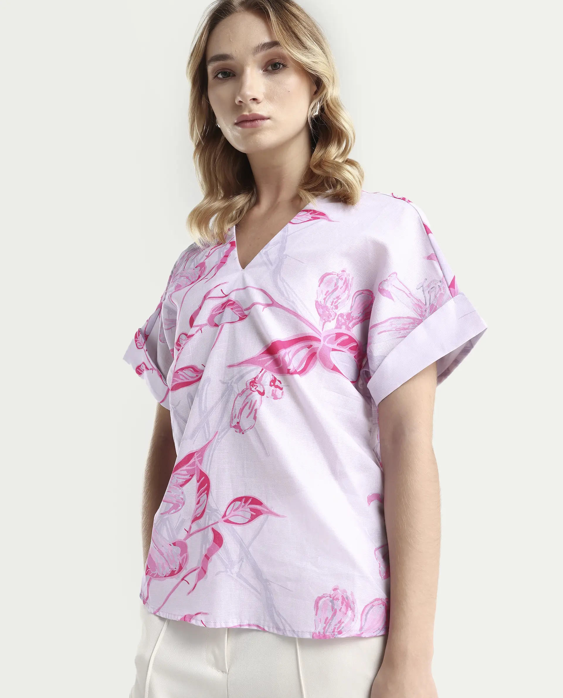 Rareism Women's Kyor Dusky Purple Cotton Blend V-Neck Floral Print Extended Sleeves Regular Fit Top - Image 6