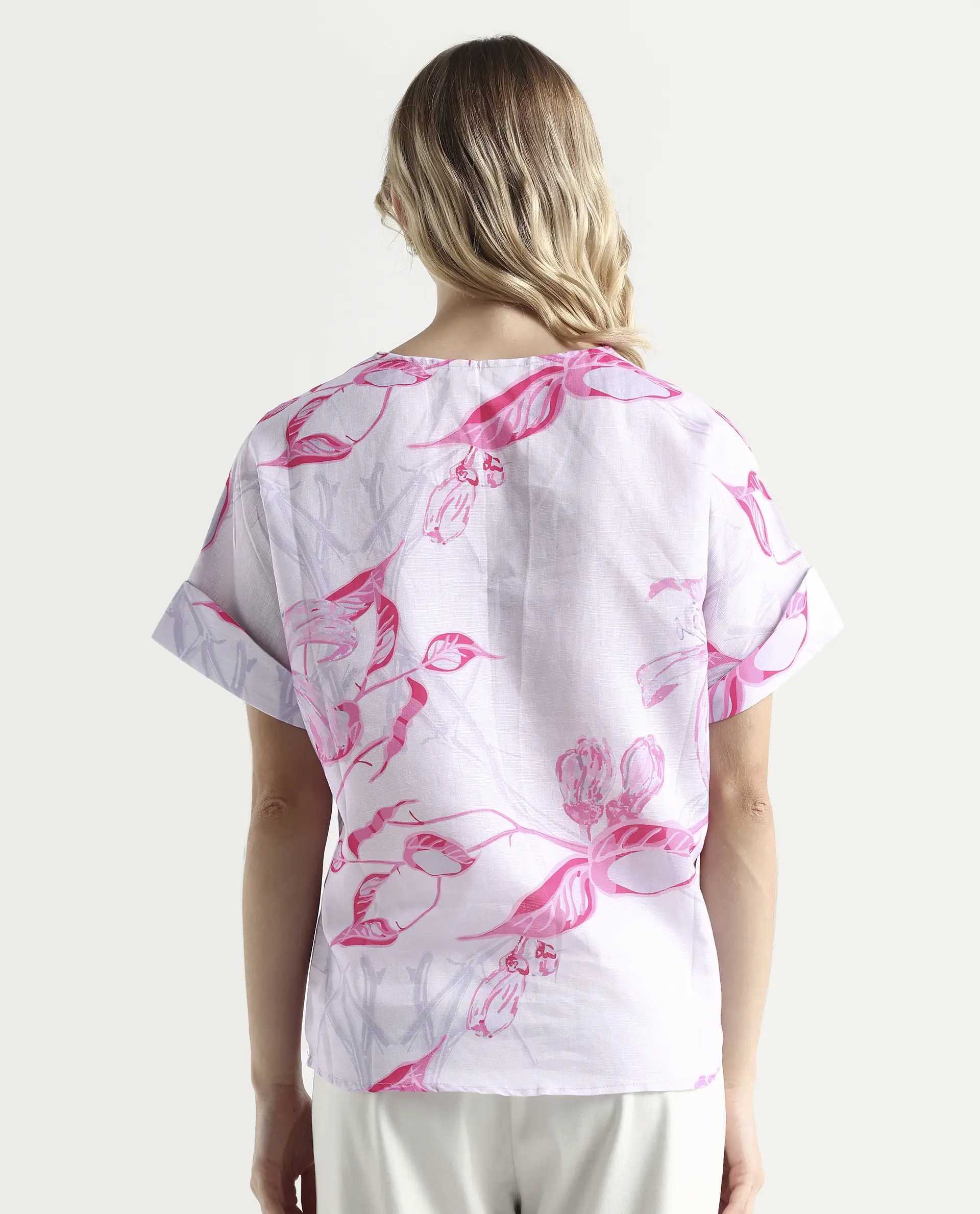 Rareism Women's Kyor Dusky Purple Cotton Blend V-Neck Floral Print Extended Sleeves Regular Fit Top - Image 7