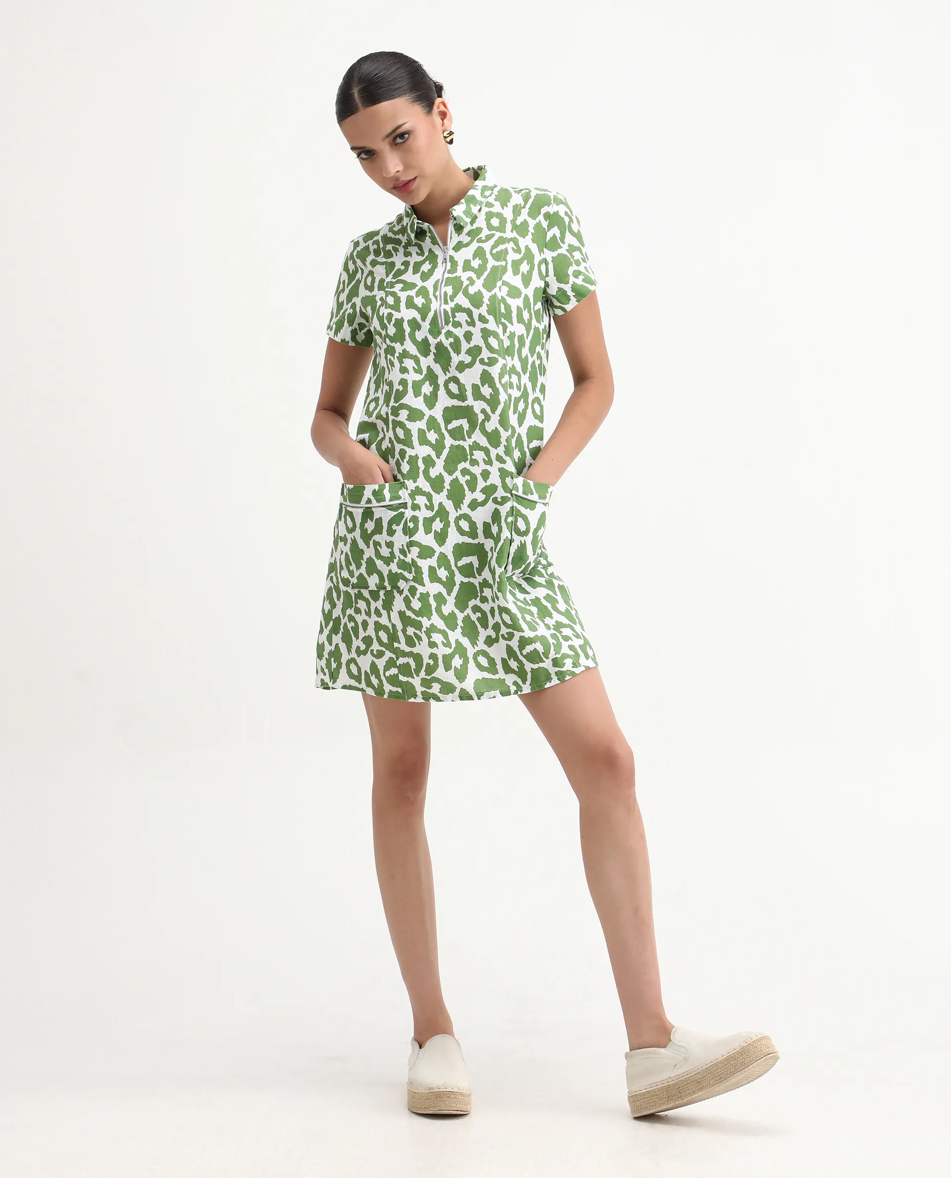 Rareism Women's Kyoti White Linen Spread Collar Abstract Print Regular Fit Dress - Image 2