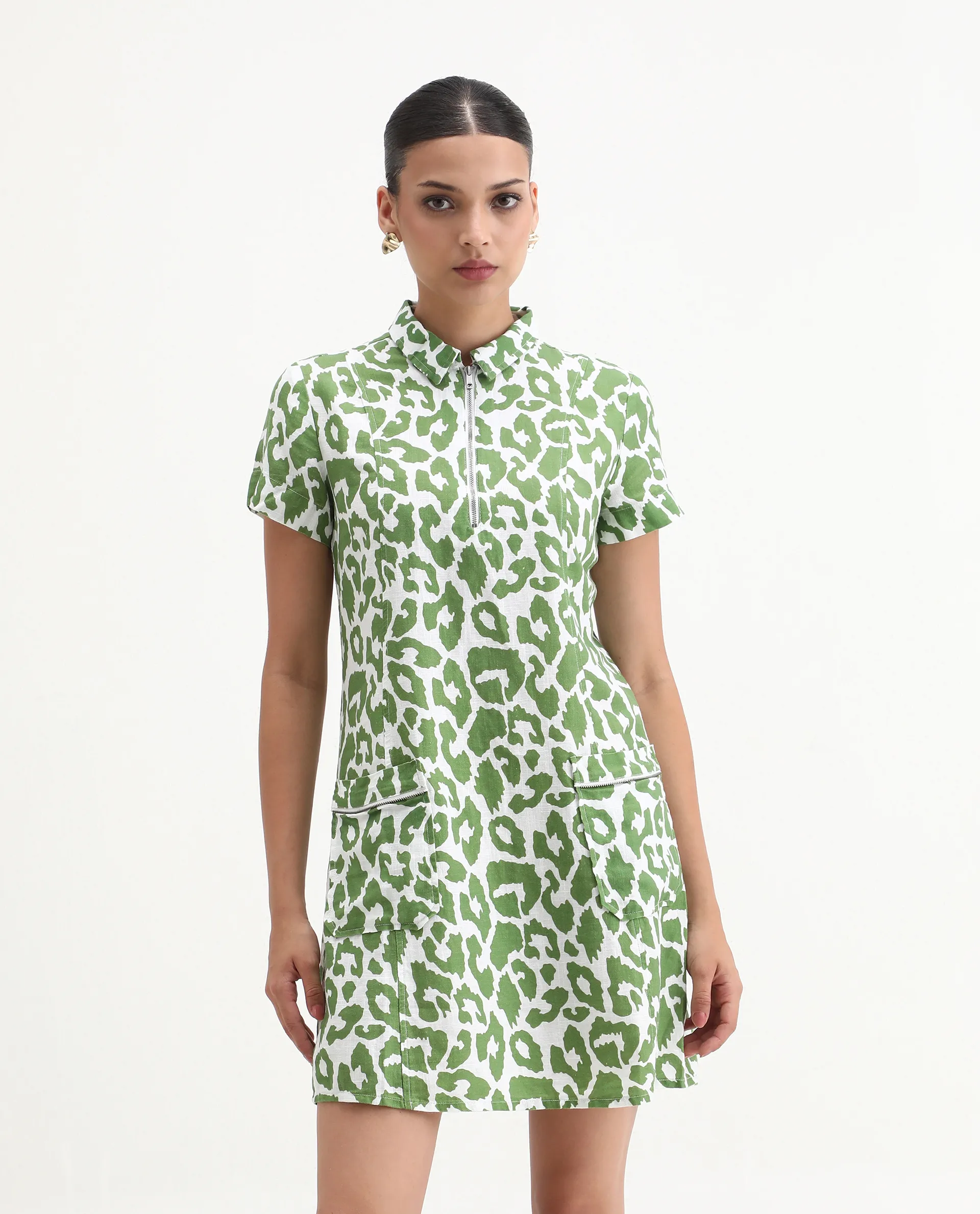 Rareism Women's Kyoti White Linen Spread Collar Abstract Print Regular Fit Dress - Image 4