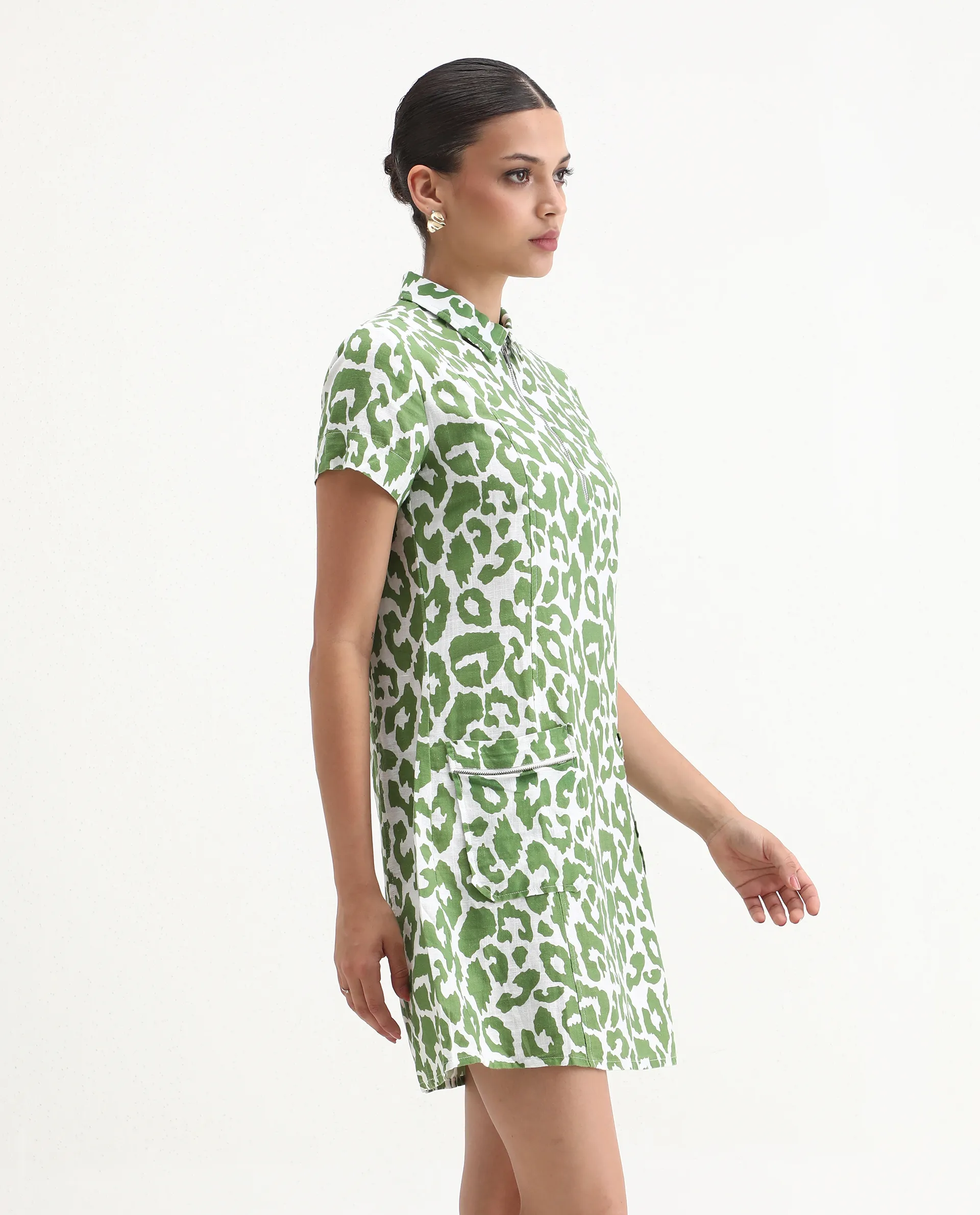 Rareism Women's Kyoti White Linen Spread Collar Abstract Print Regular Fit Dress - Image 5